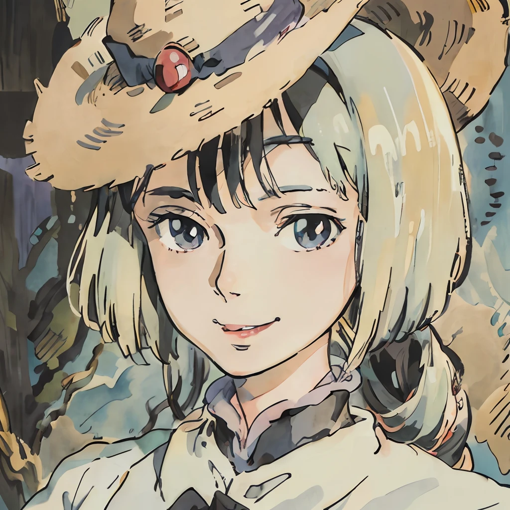 ghibli style, ghibli artstyle, ghibli studio anime style, a character portrait inspired by Hayao Miyazaki, 1elegant female, (long black hair), ((masterpiece)), smile, black hat