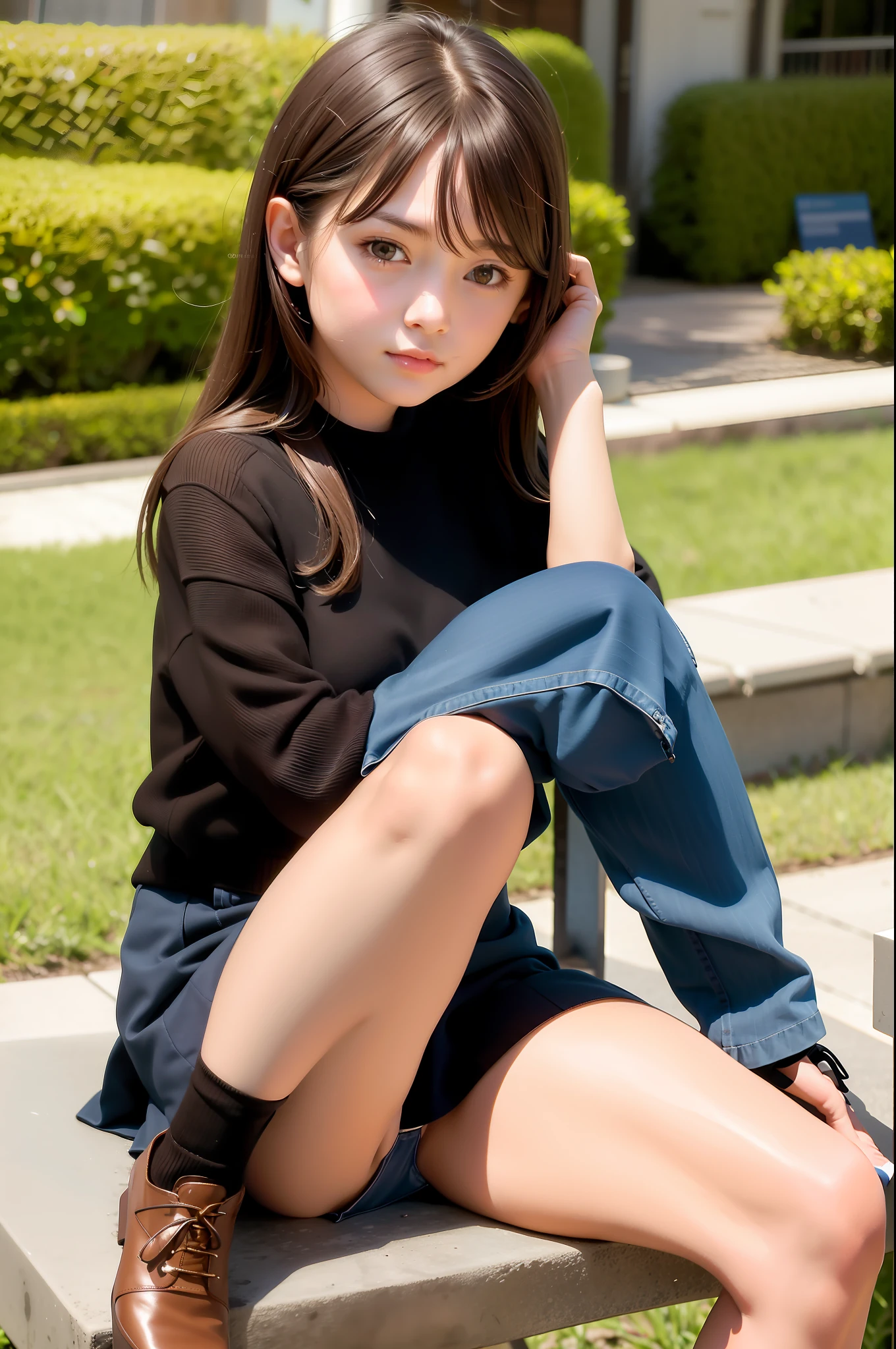 Top Quality, Masterpiece, (Reality: 1.2), 1 Girl, Brown Hair, Brown Eyes, Front View, Detailed Face, Beautiful Eyes, full body, sitting on the bench, miniskirt, open legs, nice thigh, nice legs, detailed skin