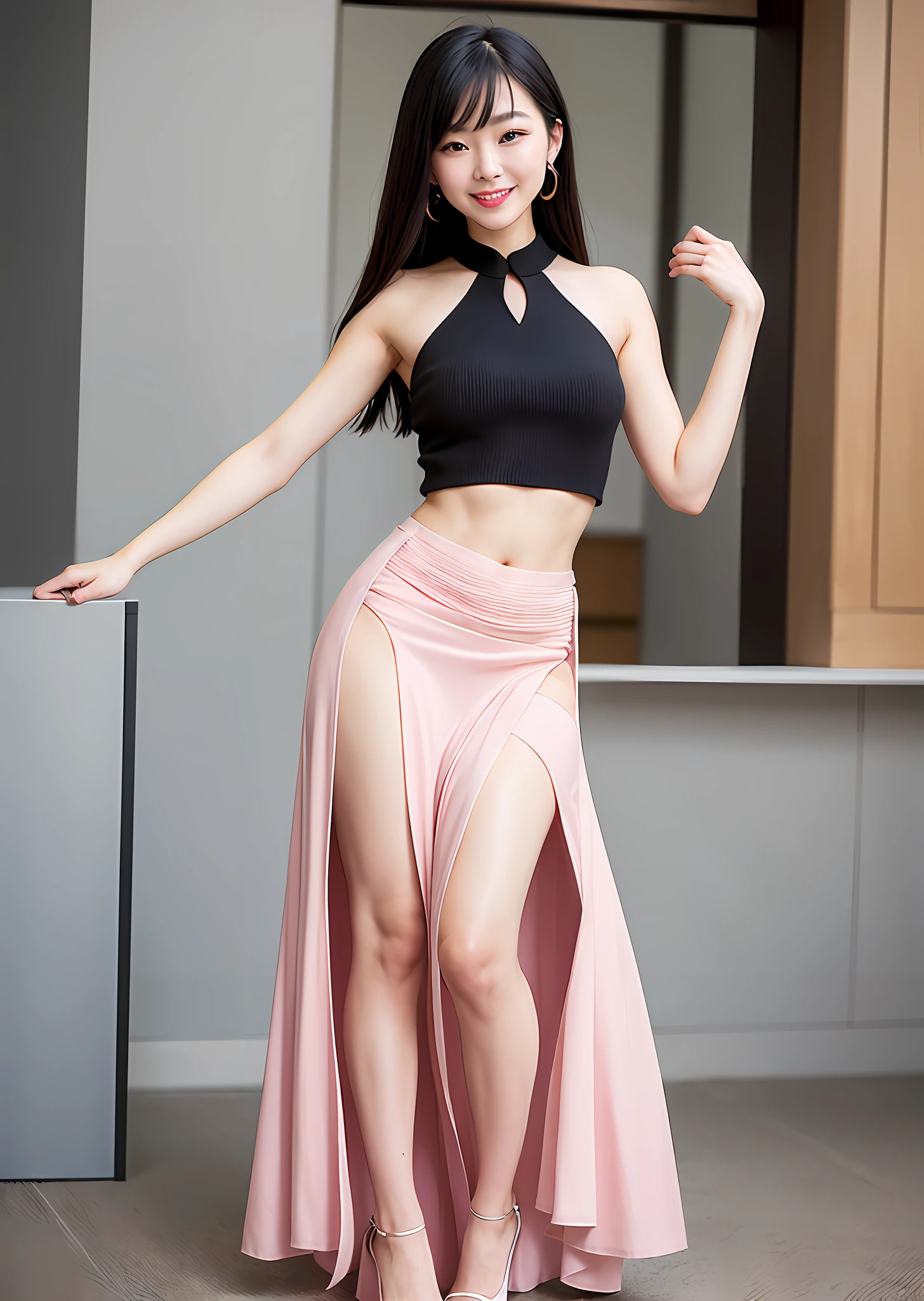 A sexy and alluring Chinese stunning beauty, delicate and charming face, pink lips, seductive collarbone, square chin, smiling, happy, shoulder-length long hair, pink tulle off-the-shoulder dress, ultra-realistic, ultra-high-definition, very Details, real skin, perfect figure, charming figure, slender and tall, barefoot, neat pleated skirt to create a minimalist style, simply matched with textured normocore knitting, thin strap high heels, simple yet elegant and delicate, geometric accessories embellishment, super beautiful collocation