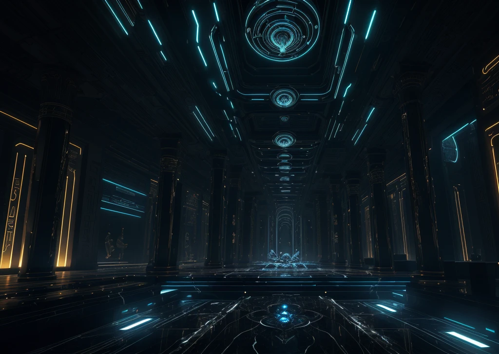 incredible luxurious black futuristic interior in Ancient Egyptian cyberpunk style, with lotus flowers, palm trees, hieroglyphics, gardens, flowers, rocky walls, sand, marble, precious minerals, metals, gemstones, crystals, clouds and water, crocodiles, ultra luxury, black marble, cinematic, epic, – with beautiful lights, Unreal Engine, HQ, 16k