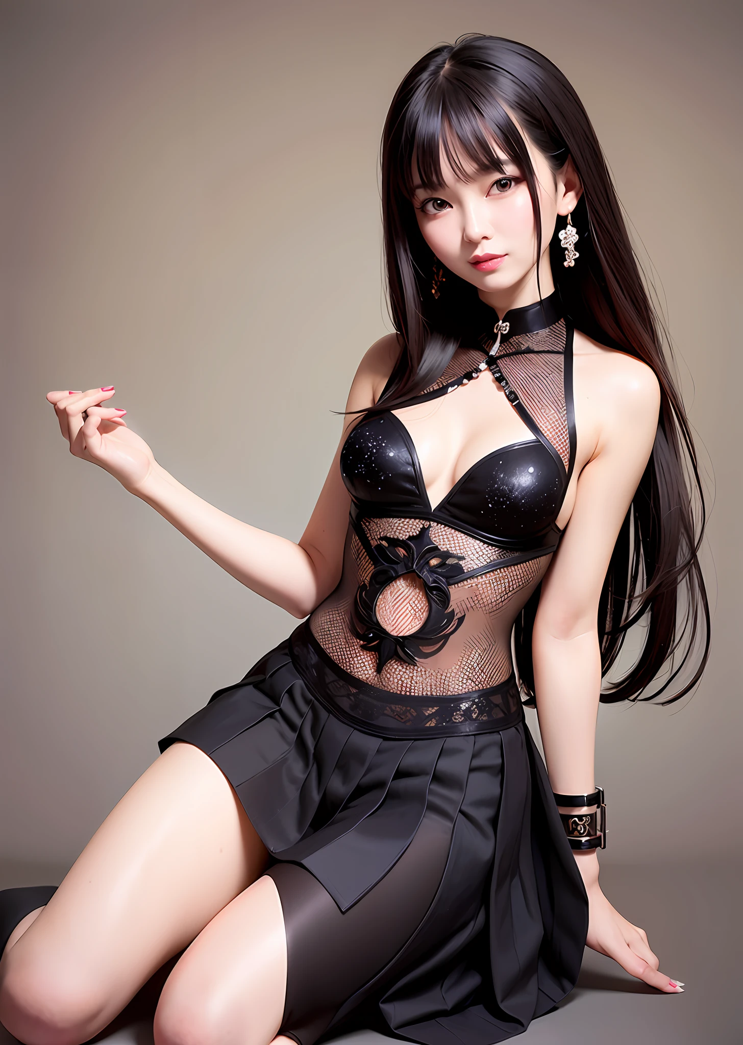 A sexy and alluring Chinese beauty, delicate and charming face, pink lips, attractive collarbone, square chin, smiling, happy, shoulder-length long hair, ultra-realistic, ultra-high-definition, very detailed, real skin, perfect body, Charming figure, slender and tall, barefoot, pleated skirt with neat lines creates a minimalist style, simple matching with textured normocore knitting, thin strap high heels, simple yet elegant and exquisite, geometric accessories embellishment, super beautiful collocation