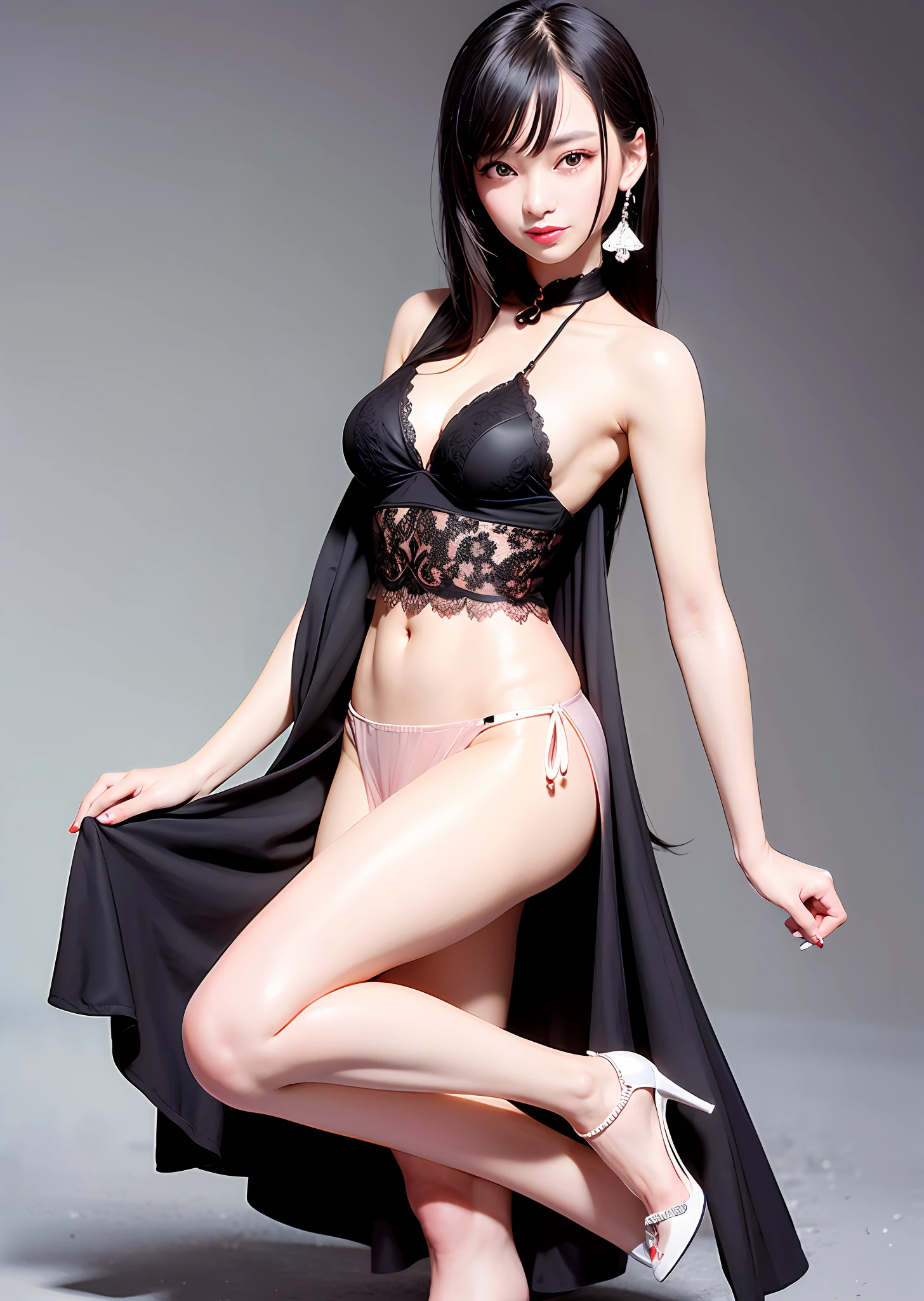 A sexy and alluring Chinese beauty, delicate and charming face, pink lips, attractive collarbone, square chin, smiling, happy, shoulder-length long hair, ultra-realistic, ultra-high-definition, very detailed, real skin, perfect body, Charming figure, slender and tall, barefoot, pleated skirt with neat lines creates a minimalist style, simple matching with textured normocore knitting, thin strap high heels, simple yet elegant and exquisite, geometric accessories embellishment, super beautiful collocation