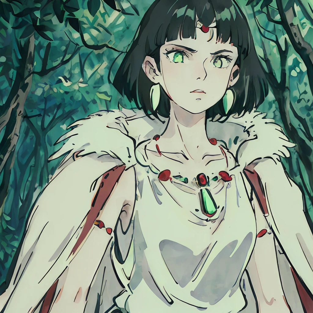 1girl, armlet, bangs, black hair, black undershirt, cape, circlet, earrings, facepaint, floating hair, forest, fur cape, green eyes, jewelry, looking at viewer, nature, necklace, outdoors, parted bangs, shirt, short hair, sleeveless, sleeveless shirt, solo, tooth necklace, tree, upper body, white shirt , ((masterpiece)), san \(mononoke hime\), ((best quality)), ((extremely detailed face))
