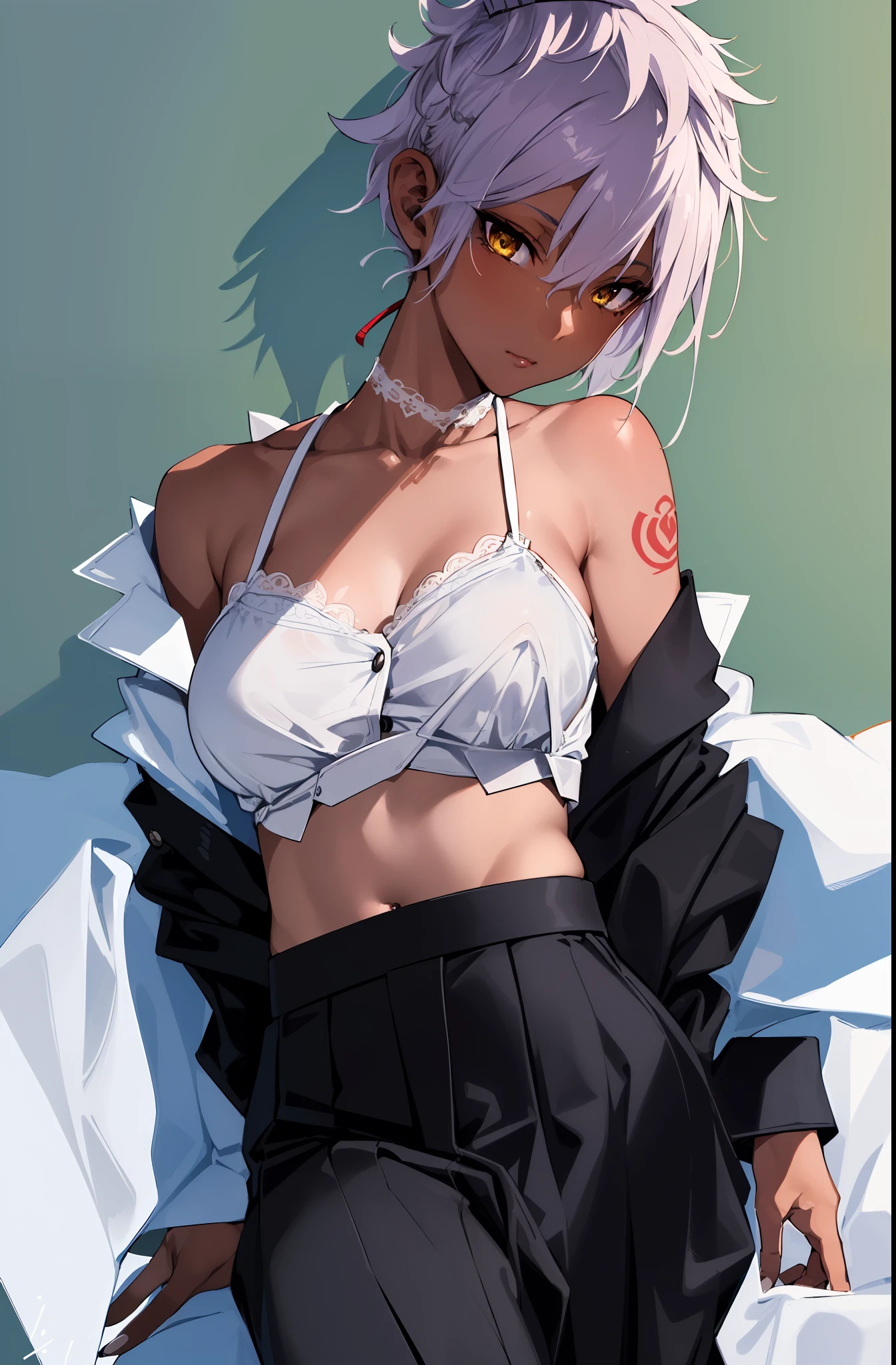 Solo, highest quality, masterpiece, highly detailed CG, highly detailed 8K wallpaper, bird's eye view, highly detailed character, upright immovable, front facing (very delicate and beautiful portrait), Japanese high school uniform, tight collar Jacket, front button, shift black slacks, zipper open, underwear shift, see-through bra, portrait, solo, clear focus, (((side shaved hair))), dark-skinned tomboy girl, female butler, navel piercings, tattoos under eyes, curly short hair, yellow eyes, detailed close-up portraits,