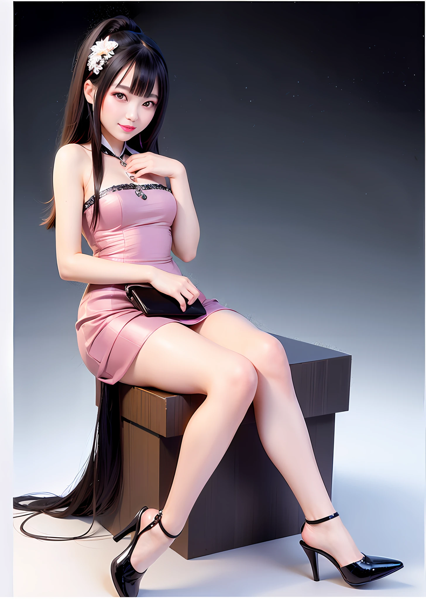 A sexy and alluring Chinese beauty, delicate and charming face, pink lips, attractive collarbone, square chin, smiling, happy, shoulder-length long hair, ultra-realistic, ultra-high-definition, very detailed, real skin, perfect body, Charming figure, slender and tall, barefoot, pleated skirt with neat lines creates a minimalist style, simple matching with textured normocore knitting, thin strap high heels, simple yet elegant and exquisite, geometric accessories embellishment, super beautiful collocation