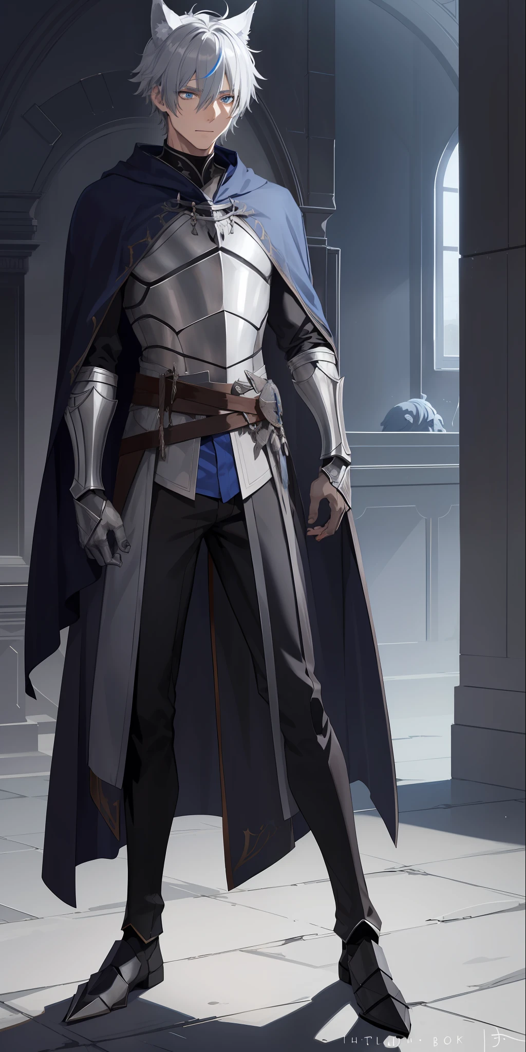1boy, toned, gray hair, slim, glowing blue eyes, HD, vibrant, masterpiece, full body view, wolf ears, wolf tail, knight robes, iron half mask, dead expression
