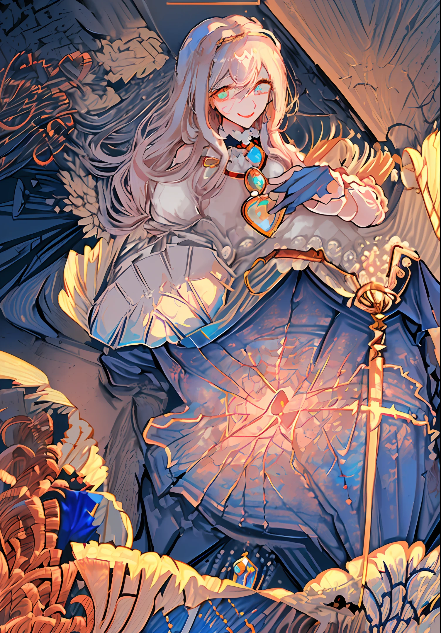 Golden long curly hair, ponytail, (((full chest)), (showing nipple), (detailed hair description), (detailed facial description), (detailed body description), fair and translucent skin, top-notch beauty, long legs, (blue lace), (stockings), beauty mole, (sapphire necklace), (royal sister), (red lips), (grasping chest), (tempting smile), facing the audience, Outdoor, in winter, (during heavy snowfall),