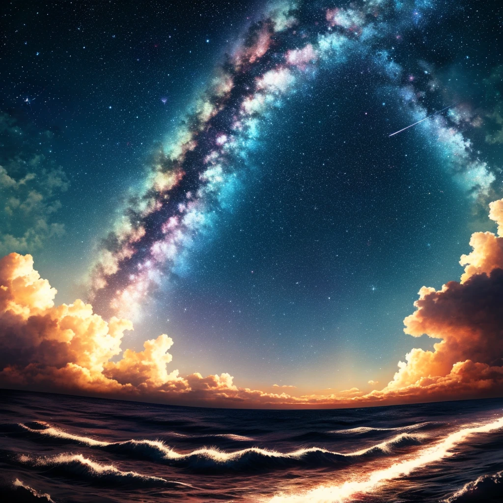 Deep space mixed with a sky with circular clouds with stars in it, dark ocean
