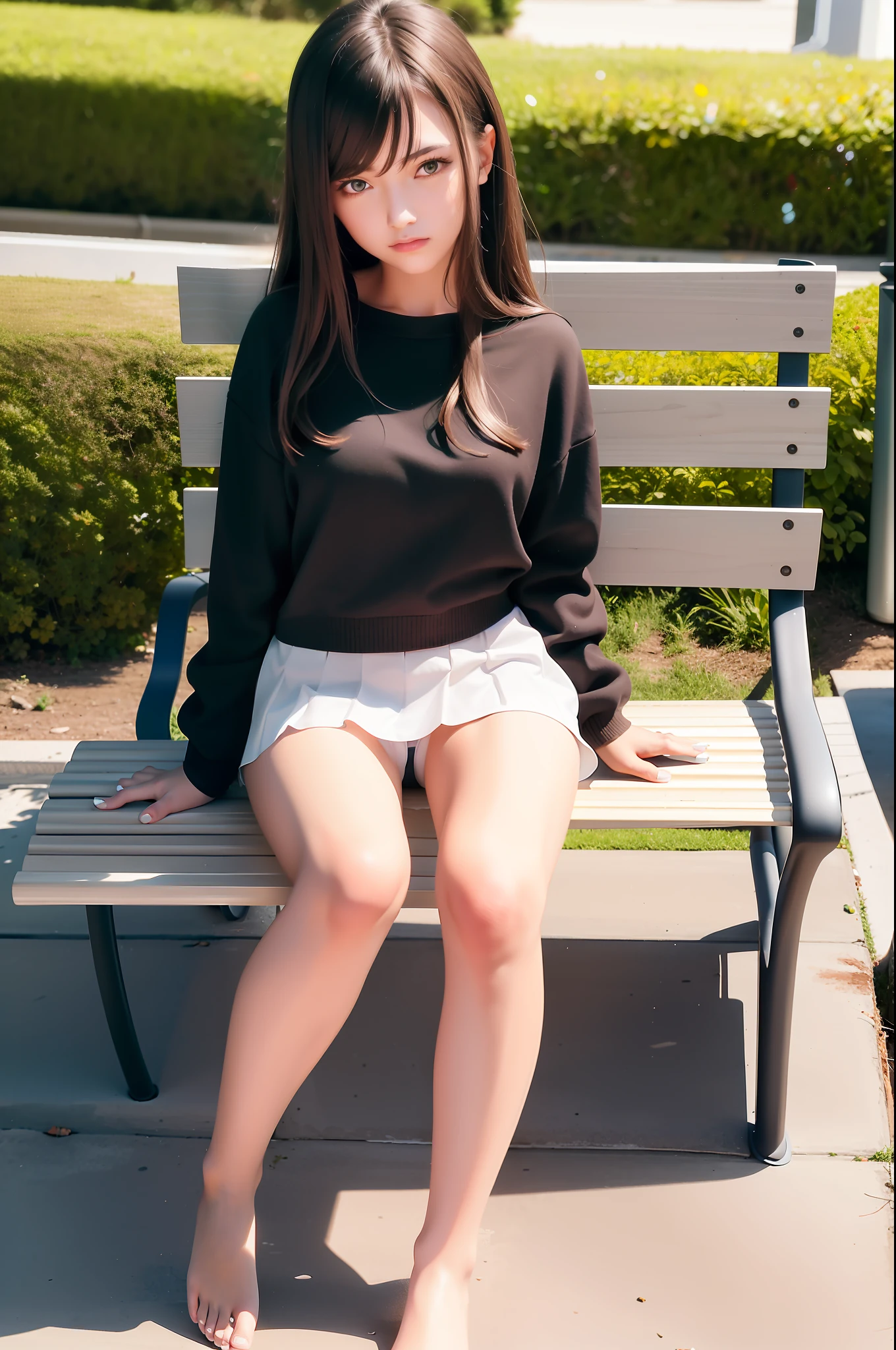 Top Quality, Masterpiece, (Reality: 1.2), 1 Girl, 18 years old, Brown Hair, Brown Eyes, Front View, Detailed Face, Beautiful Eyes, full body, sitting on the bench, miniskirt, open legs, open crotch, white panties,nice thigh, nice legs, nice skin,detailed skin, barefoot