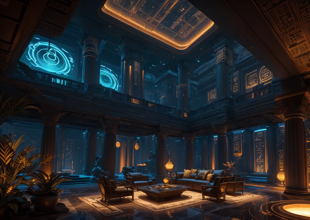 incredible luxurious futuristic black living room interior in Ancient Egyptian cyberpunk style, with lotus flowers, palm trees, hieroglyphics, gardens, flowers, rocky walls, sand, marble, precious minerals, metals, gemstones, crystals, clouds and water, crocodiles, ultra luxury, black marble, cinematic, epic, – with beautiful lights, Unreal Engine, HQ, 16k