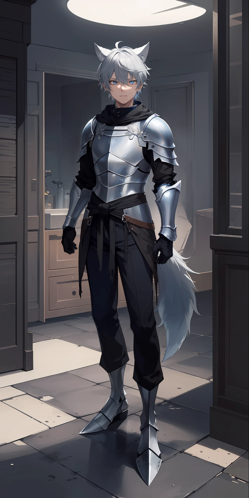 1boy, toned, gray hair, slim, glowing blue eyes, HD, vibrant, masterpiece, full body view, wolf ears, wolf tail, knight robes, iron half mask, dead expression, baggy black pants, black iron boots, dirty, torn armor and clothes