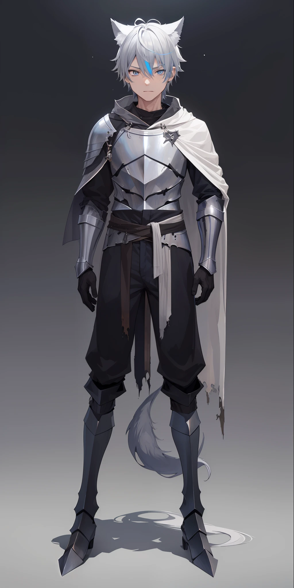 1boy, toned, gray hair, slim, glowing blue eyes, HD, vibrant, masterpiece, full body view, wolf ears, wolf tail, knight robes, iron half mask, dead expression, baggy black pants, black iron boots, , torn armor and clothes