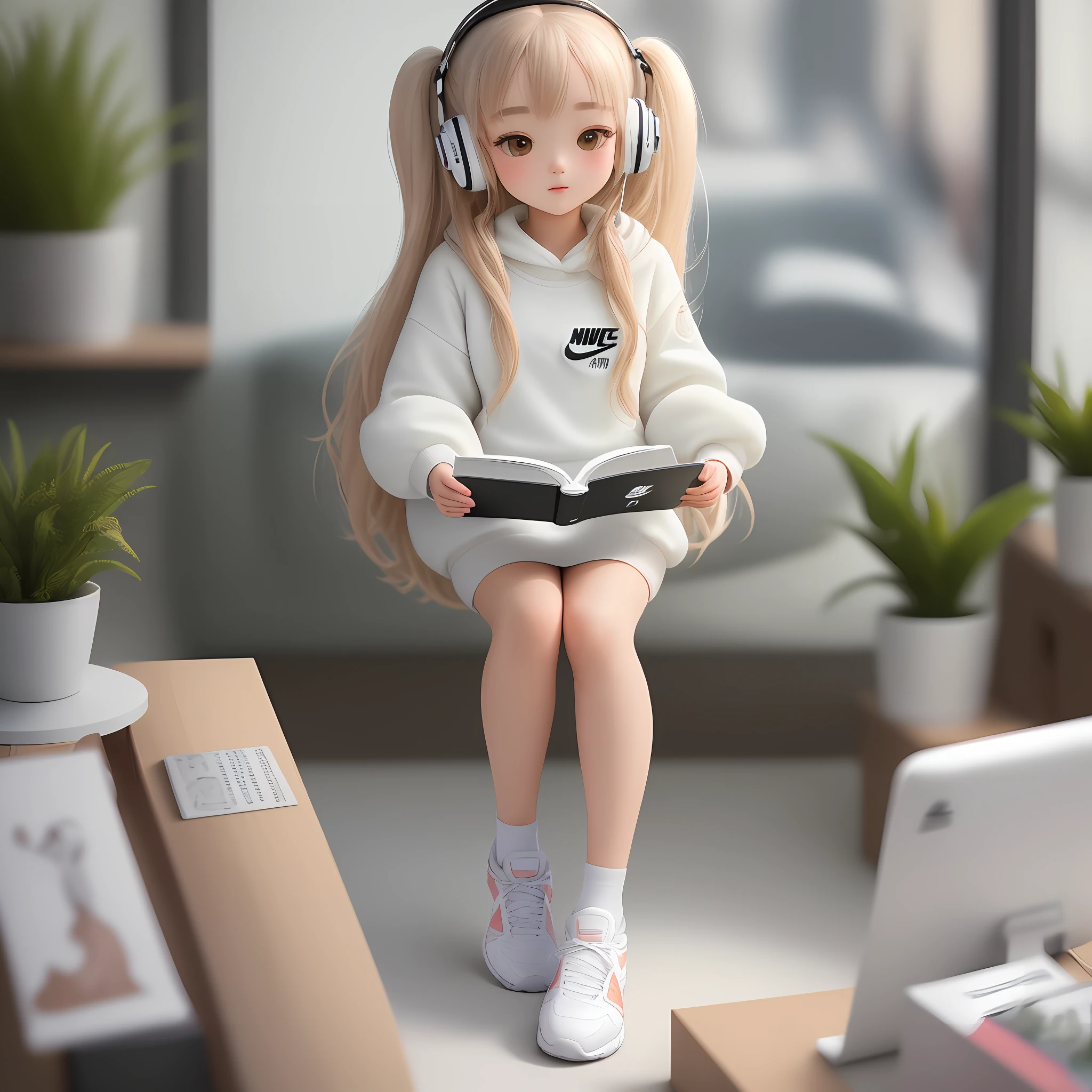 ((best quality)), ((masterpiece)), (detailed), (full body:1.2), Designer Girl in white, Playing with computer, Wearing a btats headphones, There are books and Potant plants on the Tables, Nike sports shoes, Warm and cozy, chibi, Cute, 3D, studio lighting, minimal, Depth of field, dribbble, Behance, quasi object, 16K、