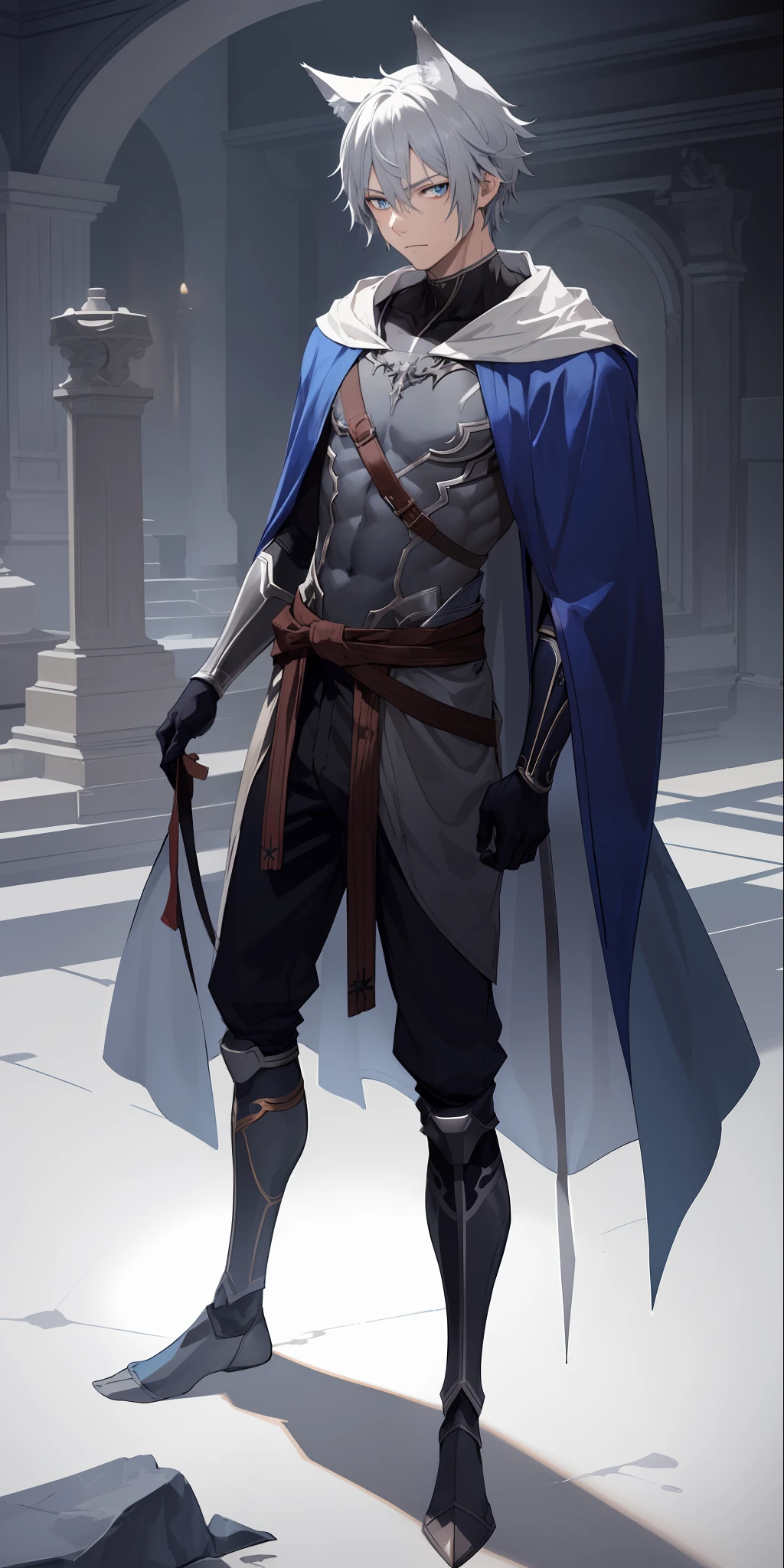 1boy, toned, gray hair, slim, glowing blue eyes, HD, vibrant, masterpiece, full body view, wolf ears, wolf tail, robes, belt around waist, iron half mask, dead expression