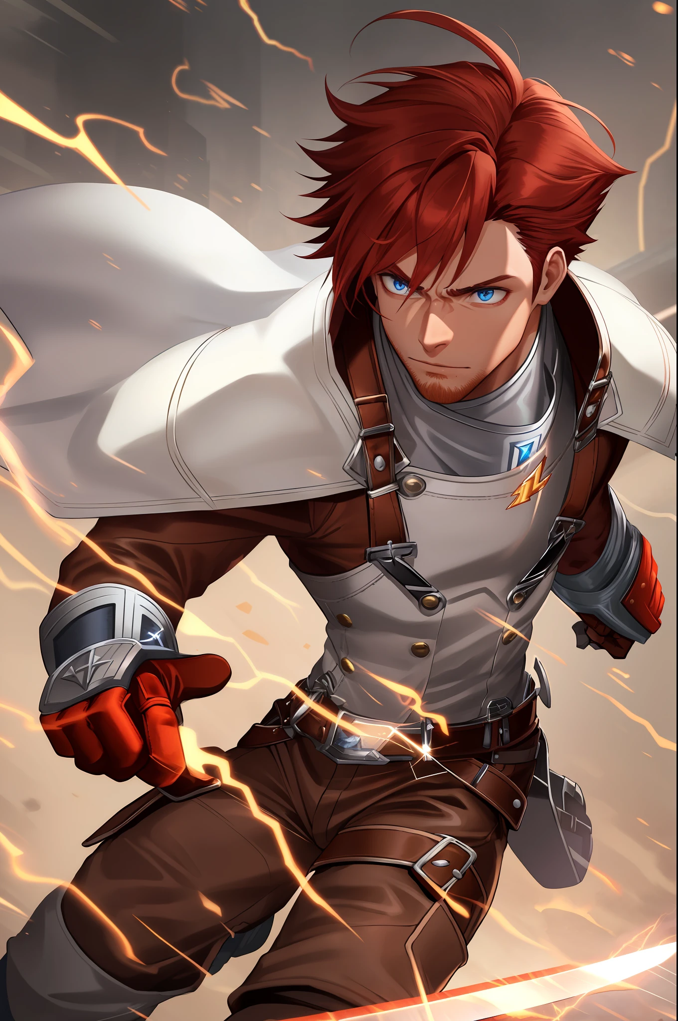 Realistic artwork, male 1, red hair, blue eyes, sharp nose, brown skin, tousled hairdo, know-it-all expression, medium build, leather gloves with embroidered lightning bolts, white overalls, white pants, gold accessories on uniform, cape reddish in color, black boots, dwarven sword Right, shield in left hand, eyes luminescence,