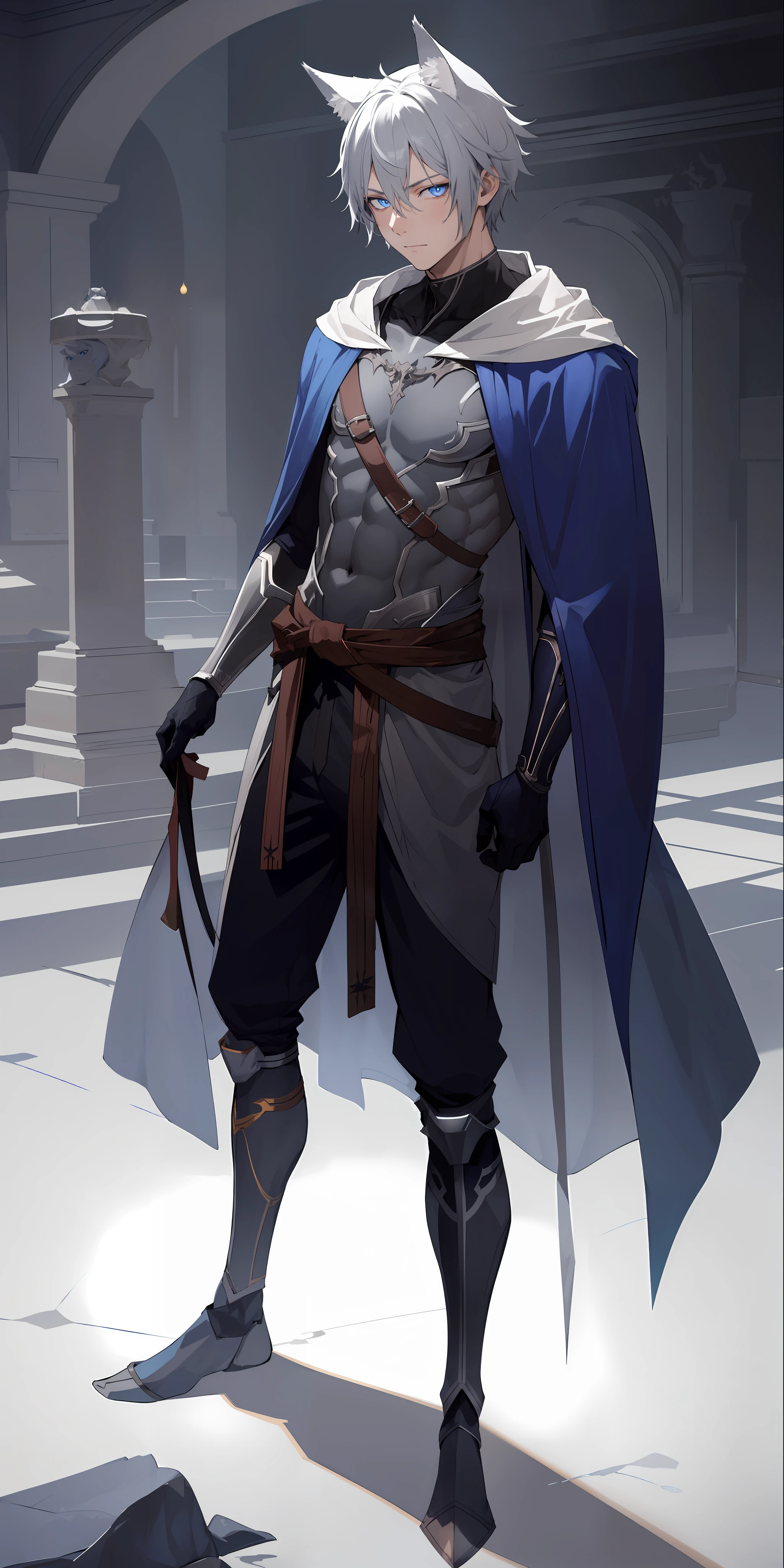 1boy, toned, gray hair, slim, glowing blue eyes, HD, vibrant, masterpiece, full body view, wolf ears, wolf tail, robes, belt around waist, iron half mask, dead expression