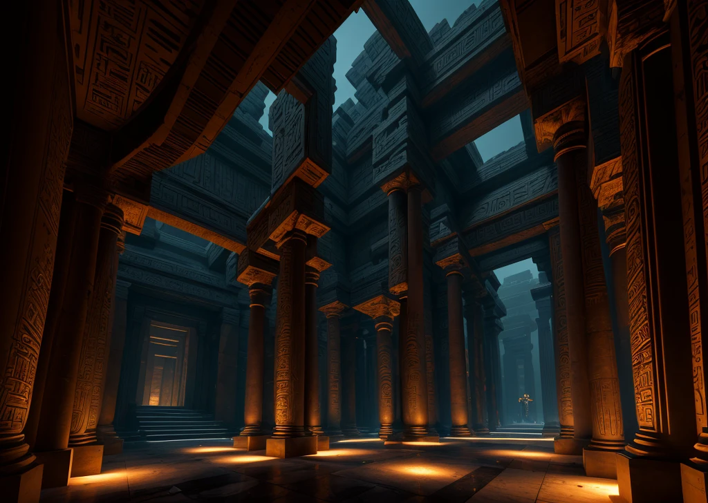 incredible luxurious black futuristic interior of an Ancient Egyptian temple in cyberpunk style, with lotus flowers, palm trees, hieroglyphics, gardens, flowers, rocky walls, sand, marble, precious minerals, metals, gemstones, crystals, clouds and water, crocodiles, ultra luxury, black marble, cinematic, epic, – with beautiful lights, Unreal Engine, HQ, 16k
