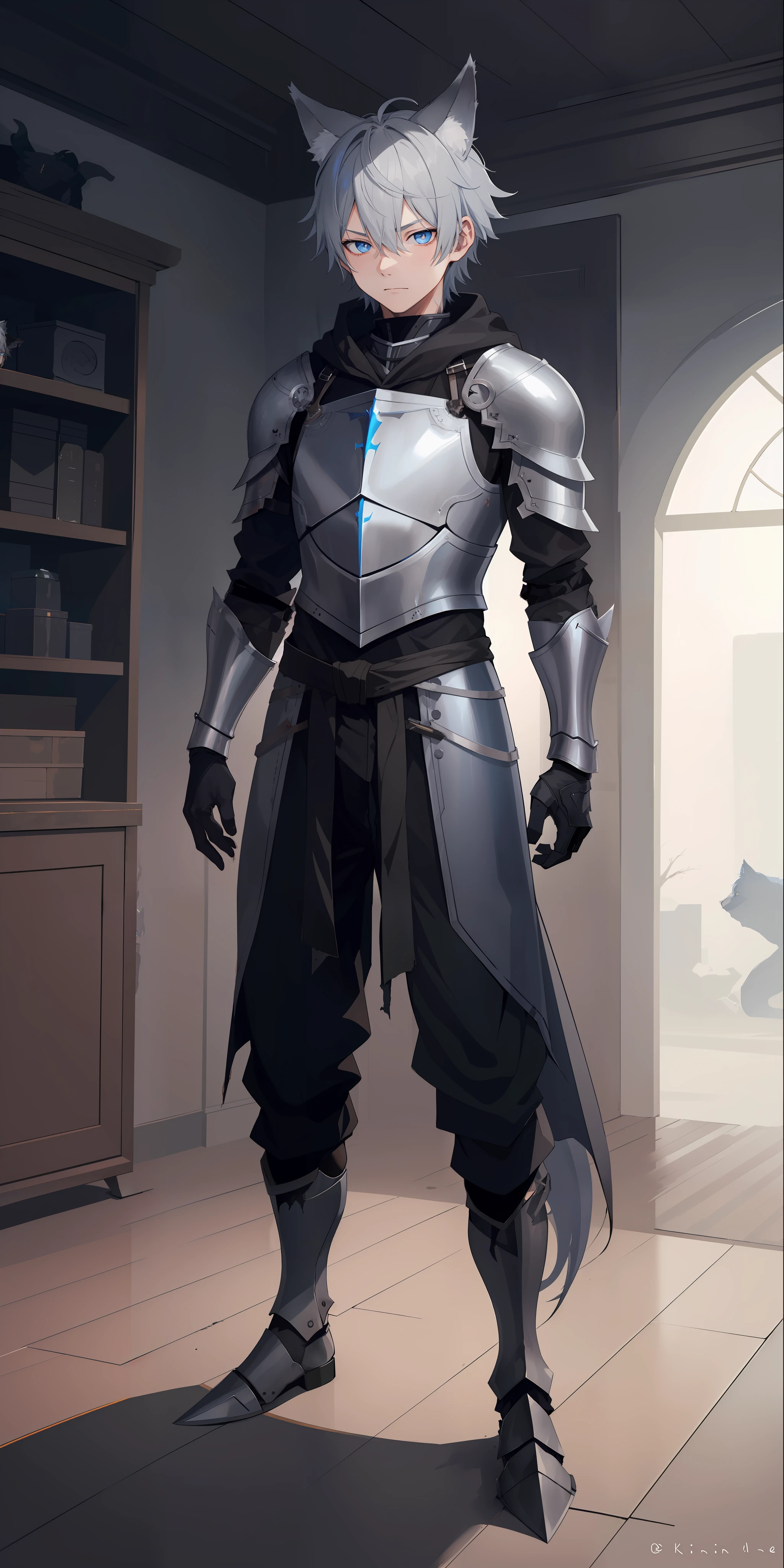 1boy, toned, gray hair, slim, glowing blue eyes, HD, vibrant, masterpiece, full body view, wolf ears, wolf tail, knight robes, iron half mask, (dead expression), baggy black pants, black iron boots, dirty, torn armor and clothes, blood