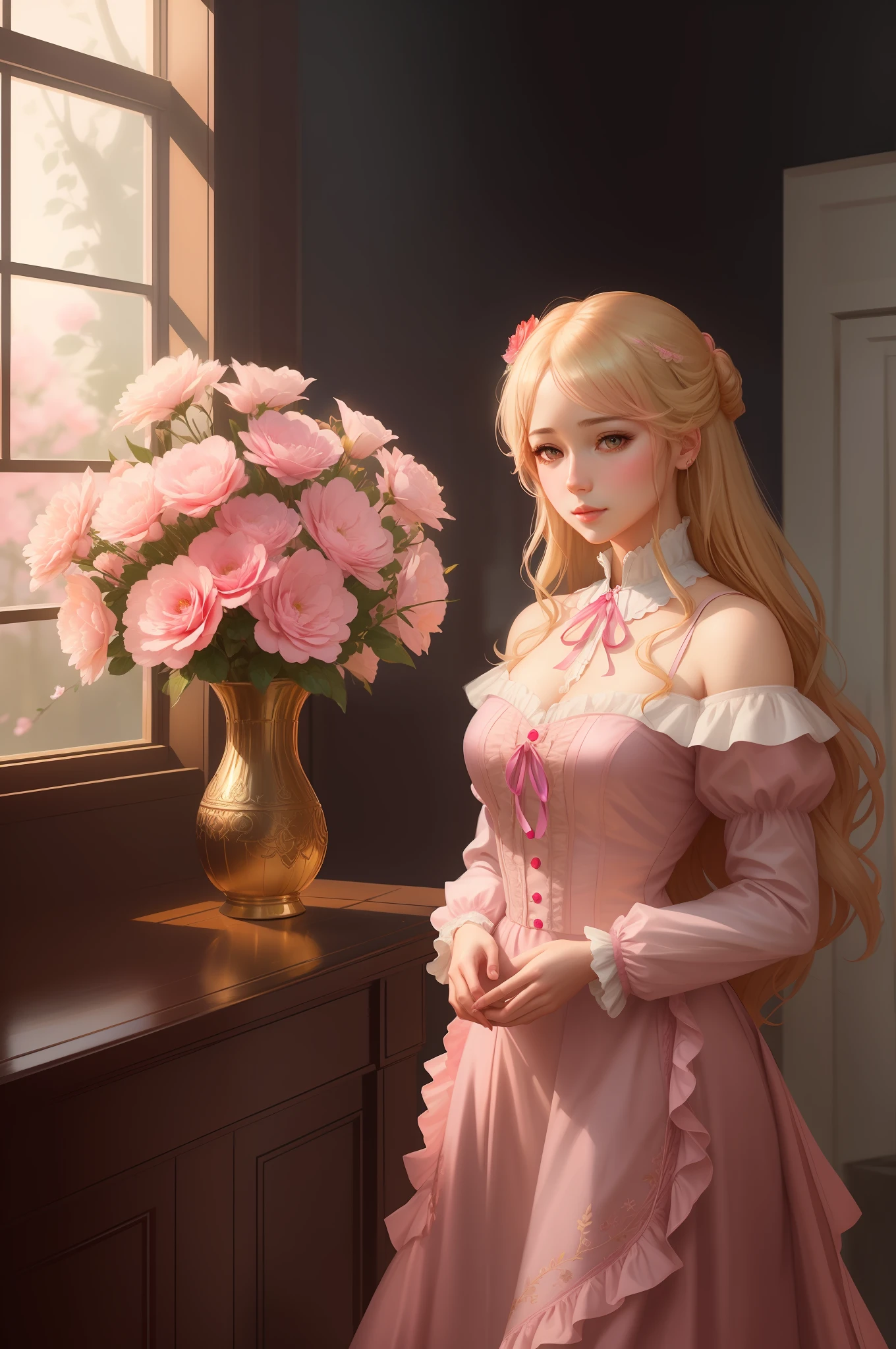 there is a woman in a pink victorian dress standing by a window, With a ruffled collar and a red ribbon around the neck, a character portrait inspired by Magali Villeneuve, cgsociety contest winner, fantasy art, artwork in the style of guweiz, in the art style of bowater, beautiful character painting, princess portrait, anime princess, rococo queen, guweiz on pixiv artstation,Blonde woman, woman in a room, vase of pink flowers,Sweet woman, pure woman, innocent look,