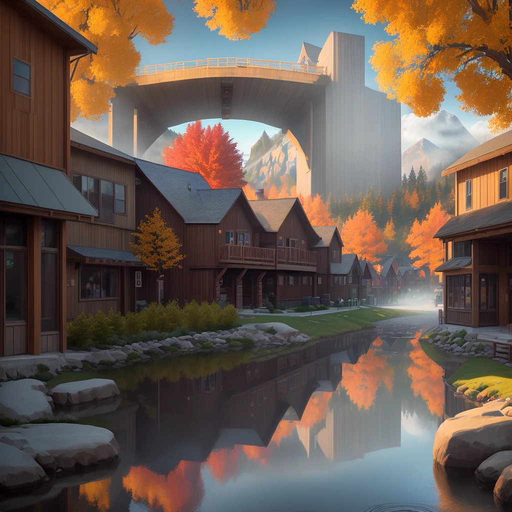 ((Willow Creek:1.2)|(((Ellsworth Maine:1.1)))|(Gravity Falls:1.1)), scenery, modern architecture, rich color grading, vivid landscaping, autumn hues, cool misty air, bustling town square, hidden enclaves, winding alleys, friendly locals