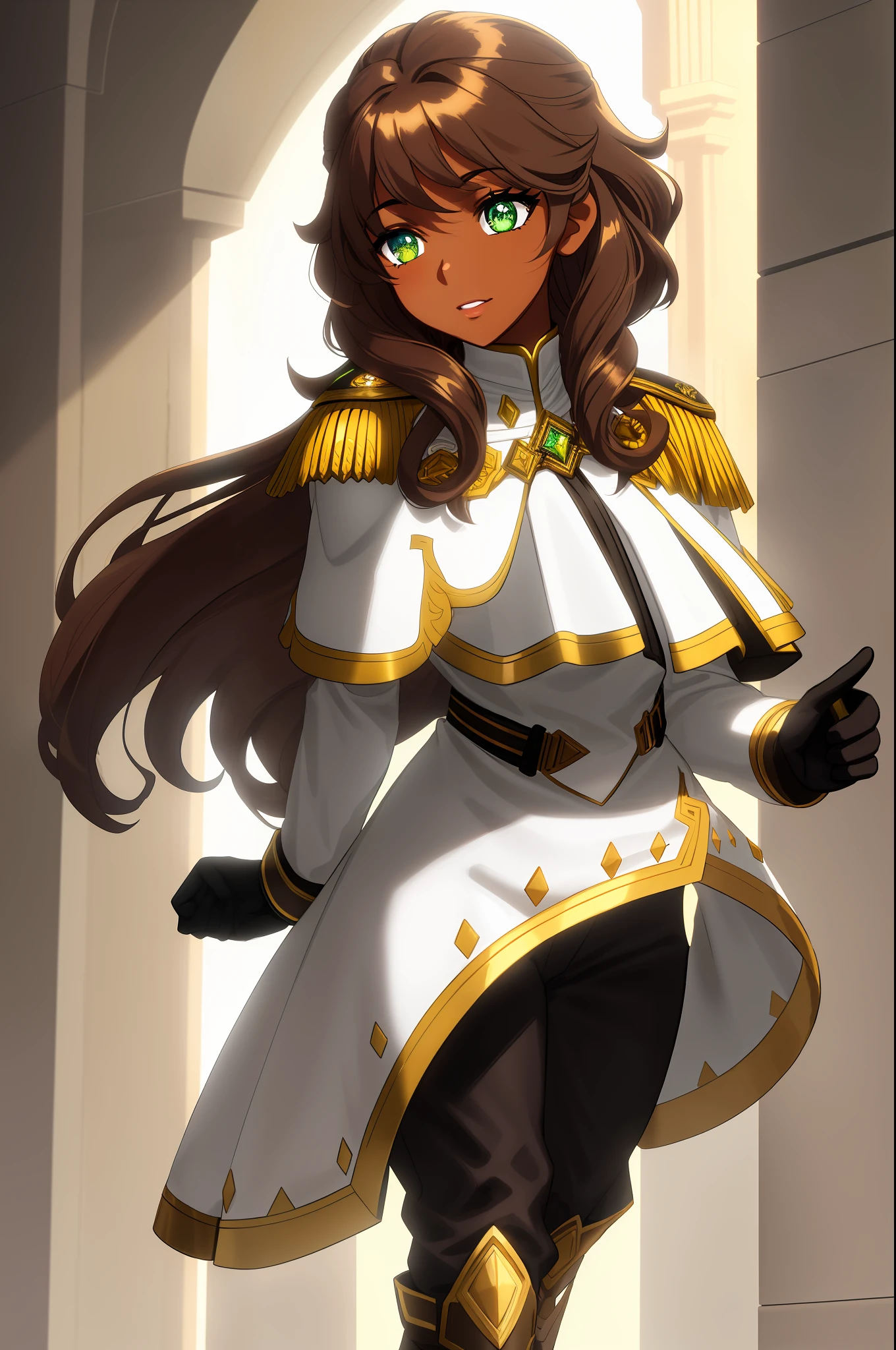 Realistic artwork, female 1, brown hair, green eyes, shaped nose, dark brown skin, curly hair, know-it-all expression, sexy build, black gloves, white coat, white pants, gold uniform accessories, brown cape, black boots, a bow in his right hand, luminescent eyes,