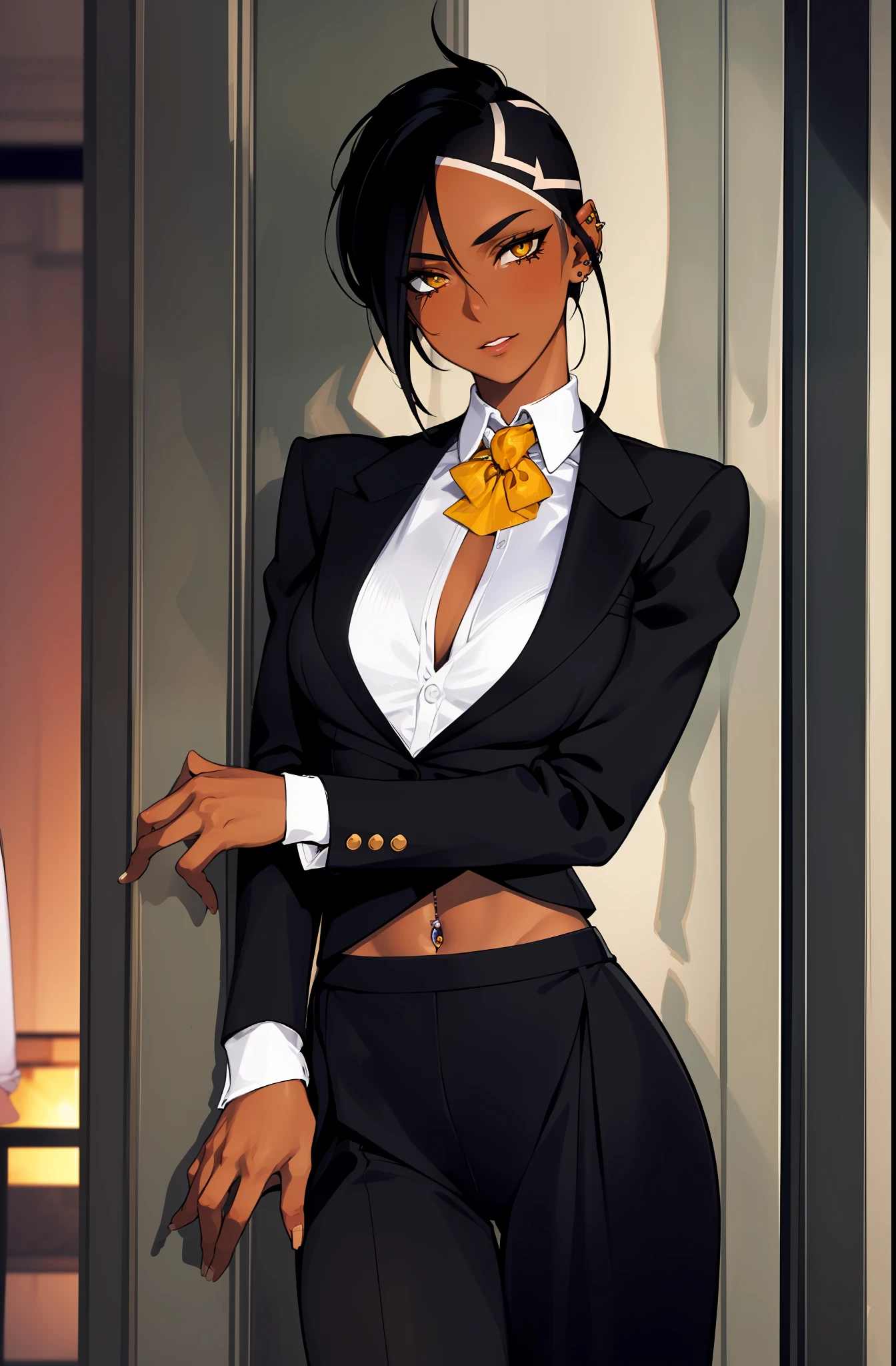 Solo, top quality, masterpiece, highly detailed CG, highly detailed 8K wallpaper, bird's eye view, highly detailed character, upright and immovable, front facing (very delicate and beautiful portrait), tuxedo jacket opens front, black Slacks, zipper open, underwear shift, see-through bra, portrait, solo, clear focus, (((side shaved hair))), dark-skinned tomboy, female butler, navel piercing, tattoo under the eyes, short hair, yellow eyes, detailed close-up portrait,