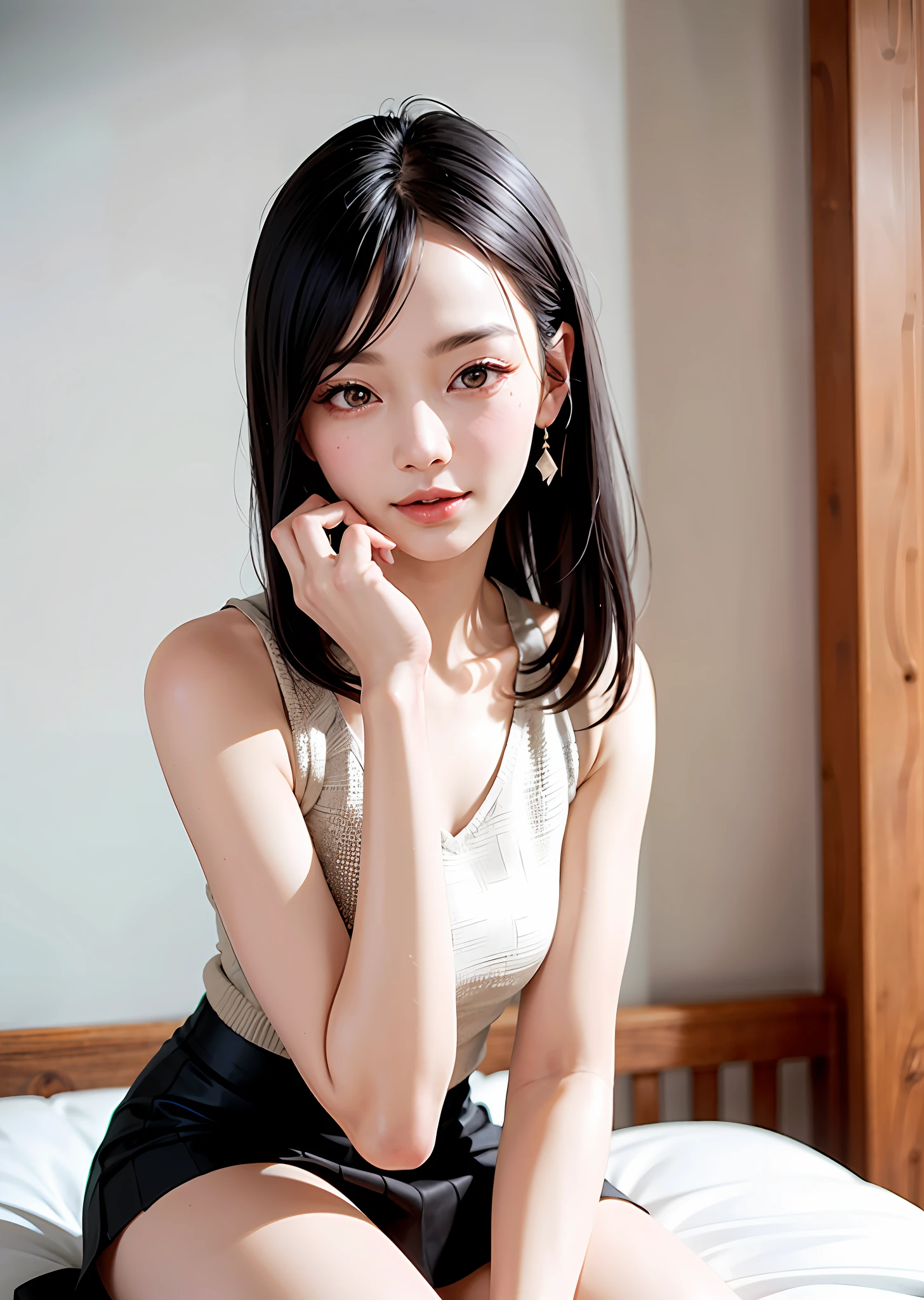 A gentle and charming Chinese beauty, delicate and charming oval face, thin lips, double eyelids, small nose, pink lips, attractive collarbone, square chin, smiling, happy, shoulder-length long hair, ultra-realistic, ultra-high-definition , very detailed, real skin, perfect figure, charming figure, slender and tall, barefoot, neat pleated skirt to create a minimalist style, simply matched with textured normocore sweater, thin strap high heels, simple yet elegant and delicate, geometric Wind accessories embellishment, super beautiful matching, focus on the face, the face is super detailed