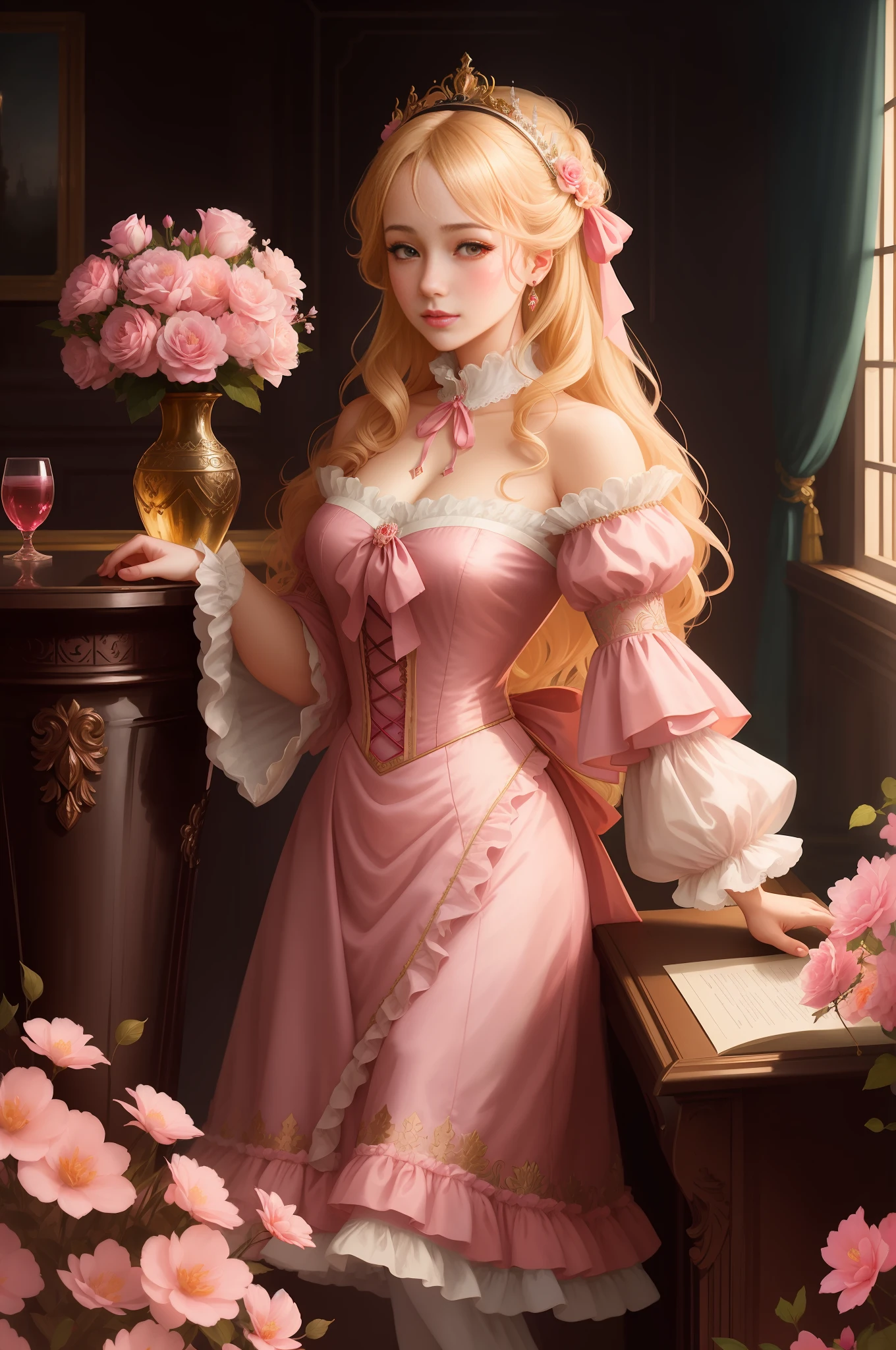 A woman in a pink victorian dress standing by a window Of a beautiful palace, With a ruffled collar and a red ribbon around the neck, a character portrait inspired by Magali Villeneuve, cgsociety contest winner, fantasy art, artwork in the style of guweiz, in the art style of bowater, beautiful character painting, princess portrait, anime princess, rococo queen, guweiz on pixiv artstation,Blonde woman, woman in a room, vase of pink flowers,Sweet woman, pure woman, innocent look,