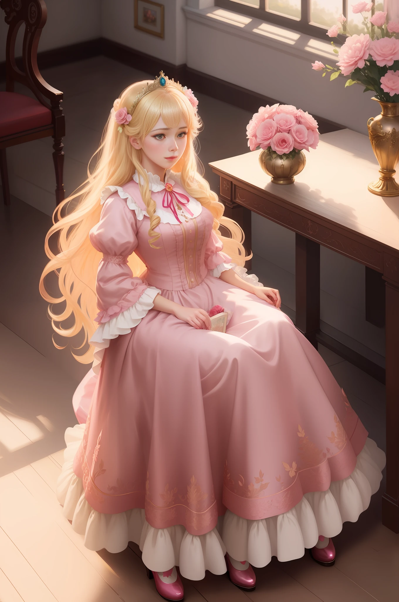 A woman in a pink Victorian neck-length dress, standing by a window Of a beautiful palace, With a ruffled collar and a red ribbon around the neck, a character portrait inspired by Magali Villeneuve, cgsociety contest winner, fantasy art, artwork in the style of guweiz, in the art style of bowater, beautiful character painting, princess portrait, anime princess, rococo queen, guweiz on pixiv artstation,Blonde woman, woman in a room, vase of pink flowers,Sweet woman, pure woman, innocent look,