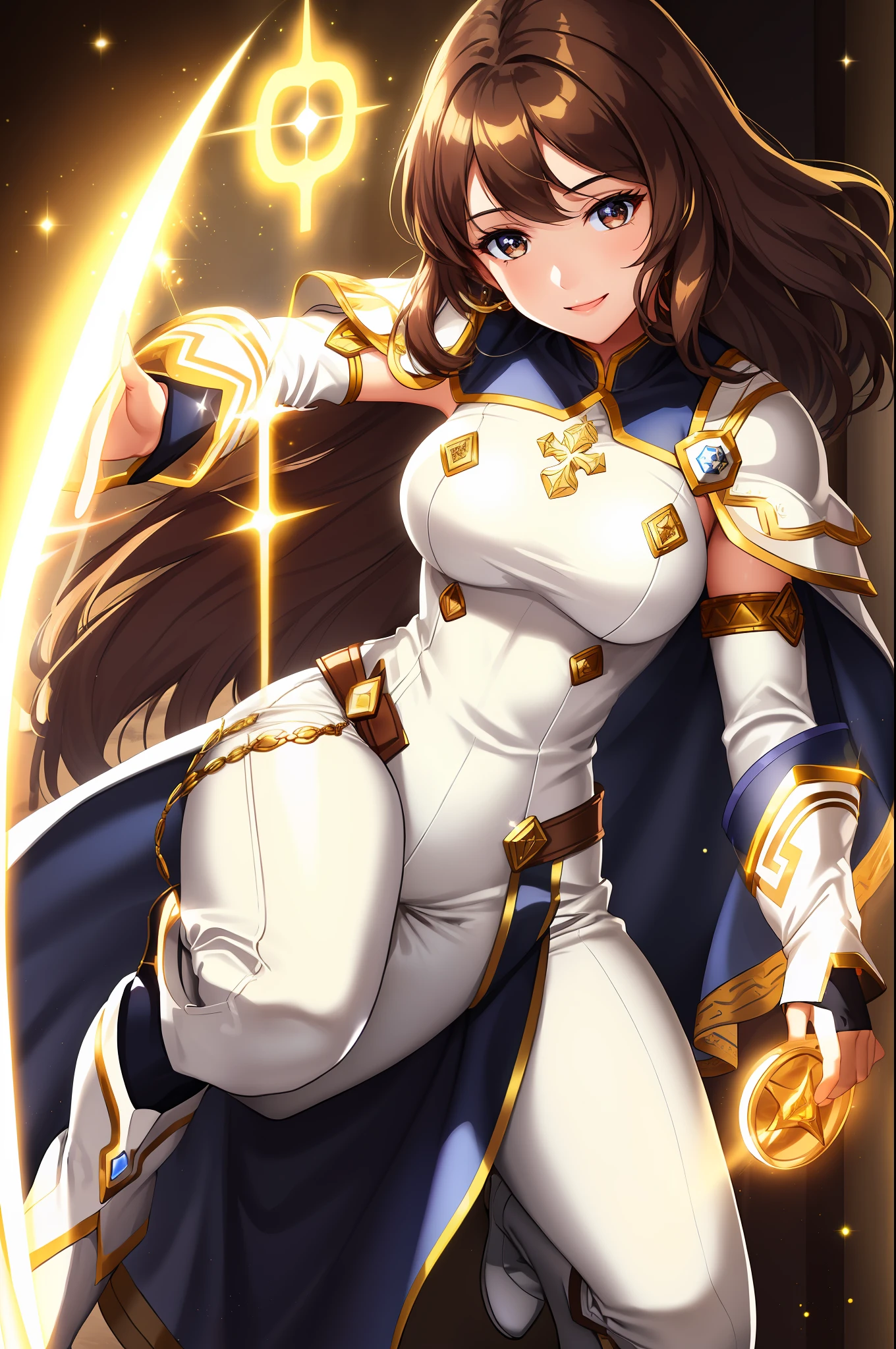 Realistic artwork, woman 1, brown hair, brown eyes, outlined nose, white skin, shiny straight hair, cheerful expression, sensual figure, white form, white pants, gold uniform accessories, navy blue cape, boots black, a shield with religious symbols on his left arm, luminescent eyes,