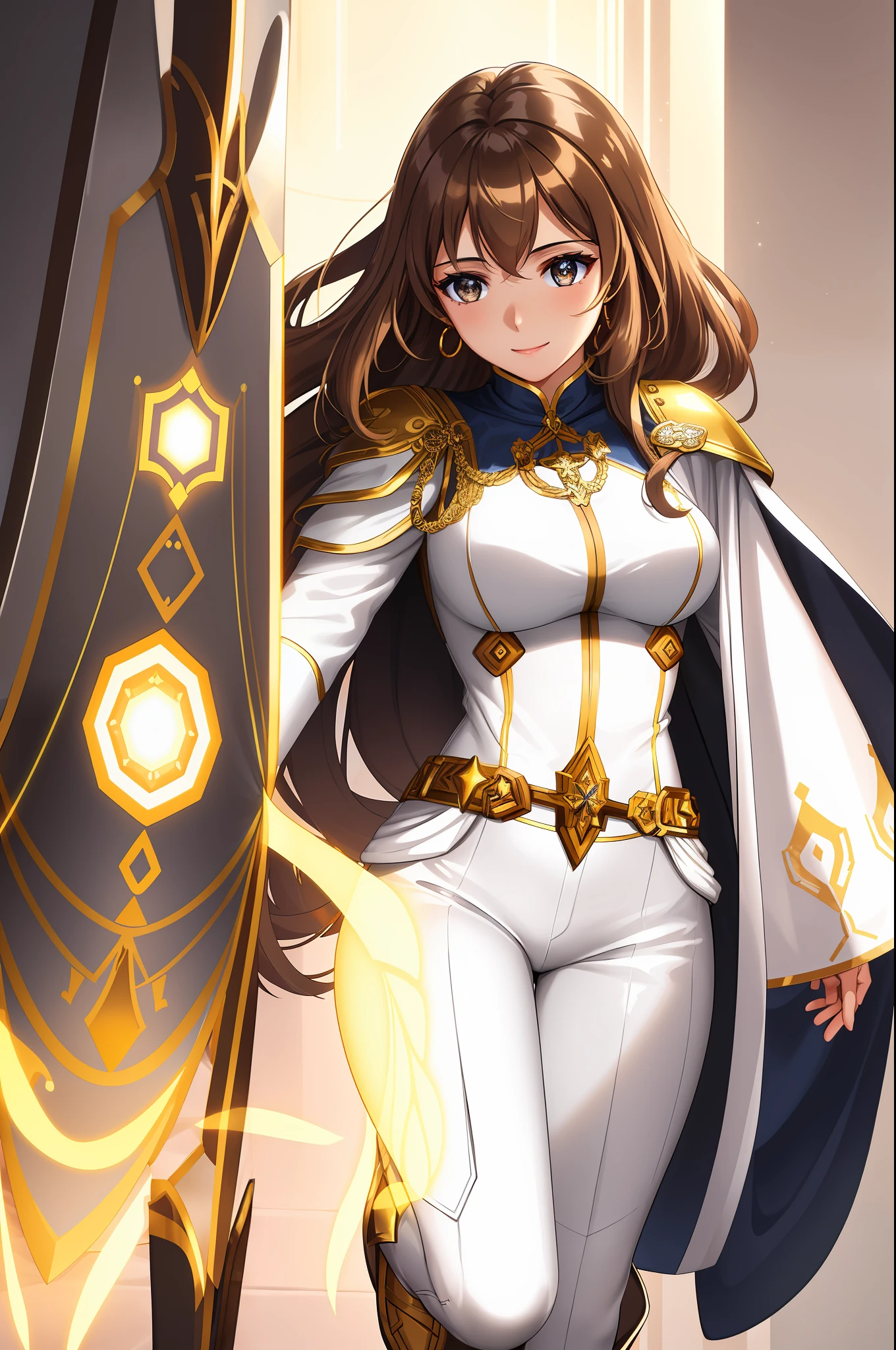 Realistic artwork, woman 1, brown hair, brown eyes, outlined nose, white skin, shiny straight hair, cheerful expression, sensual figure, white form, white pants, gold uniform accessories, navy blue cape, boots black, a shield with religious symbols on his left arm, luminescent eyes,