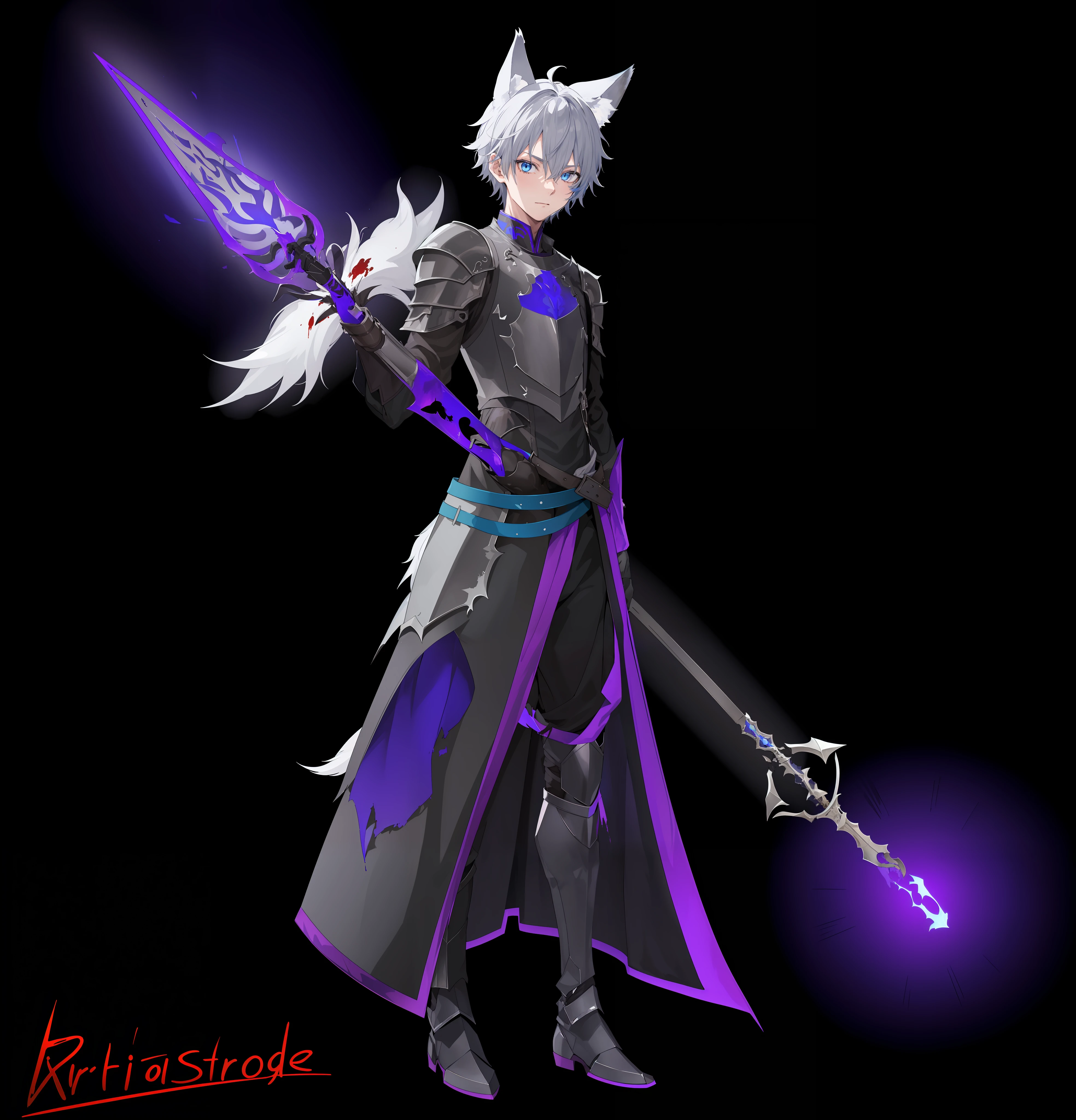 1boy, toned, gray hair, slim, glowing blue eyes, HD, vibrant, masterpiece, full body view, wolf ears, wolf tail, knight robes, iron half mask, (dead expression), baggy black pants, black iron boots, dirty, torn armor and clothes, blood, tall