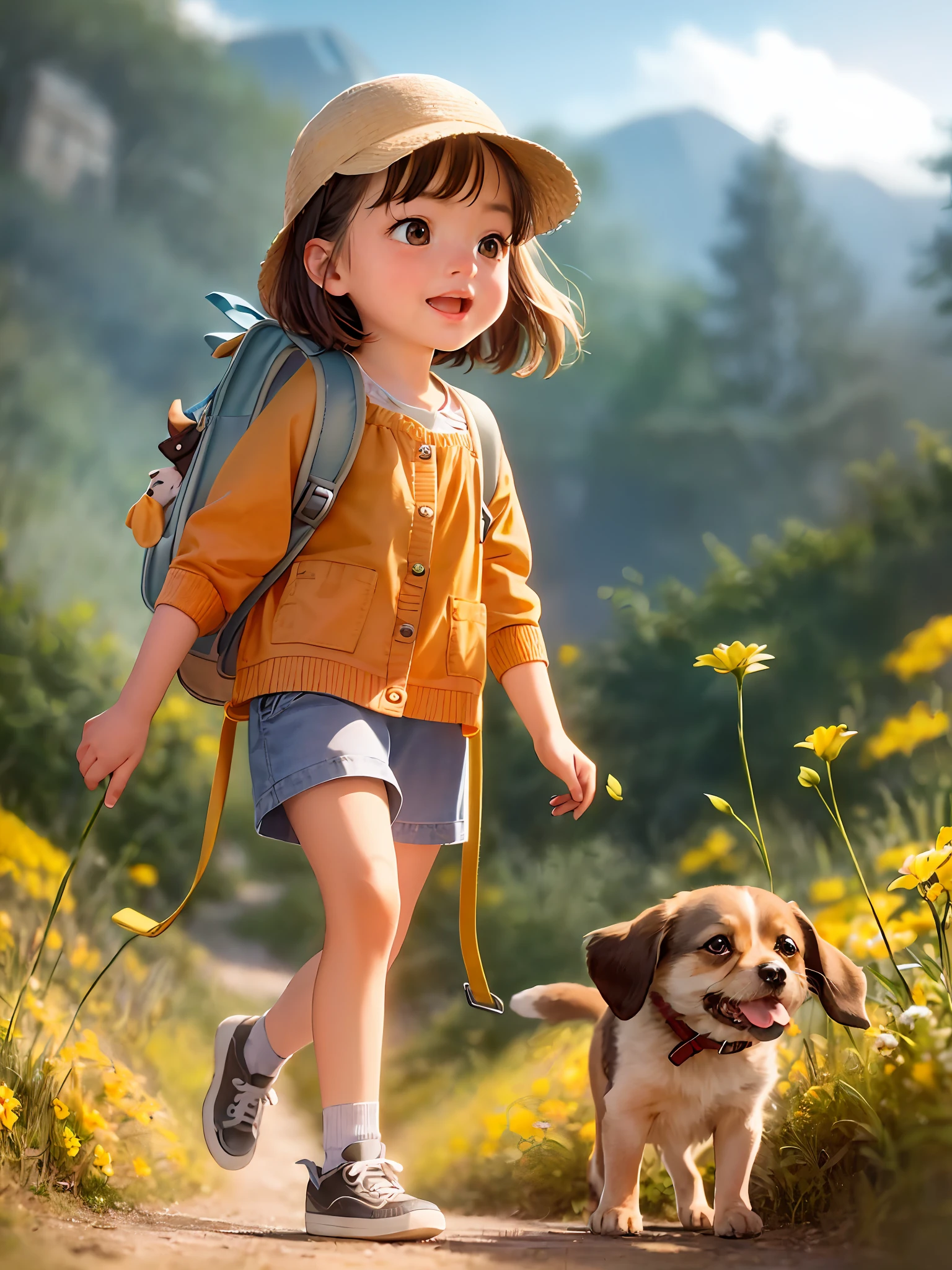 Tip: A very charming little girl with a backpack and her adorable puppy enjoying a lovely spring outing surrounded by beautiful yellow flowers and nature. The illustration is a high-definition illustration in 4K resolution with highly detailed facial features and cartoon-style visuals.