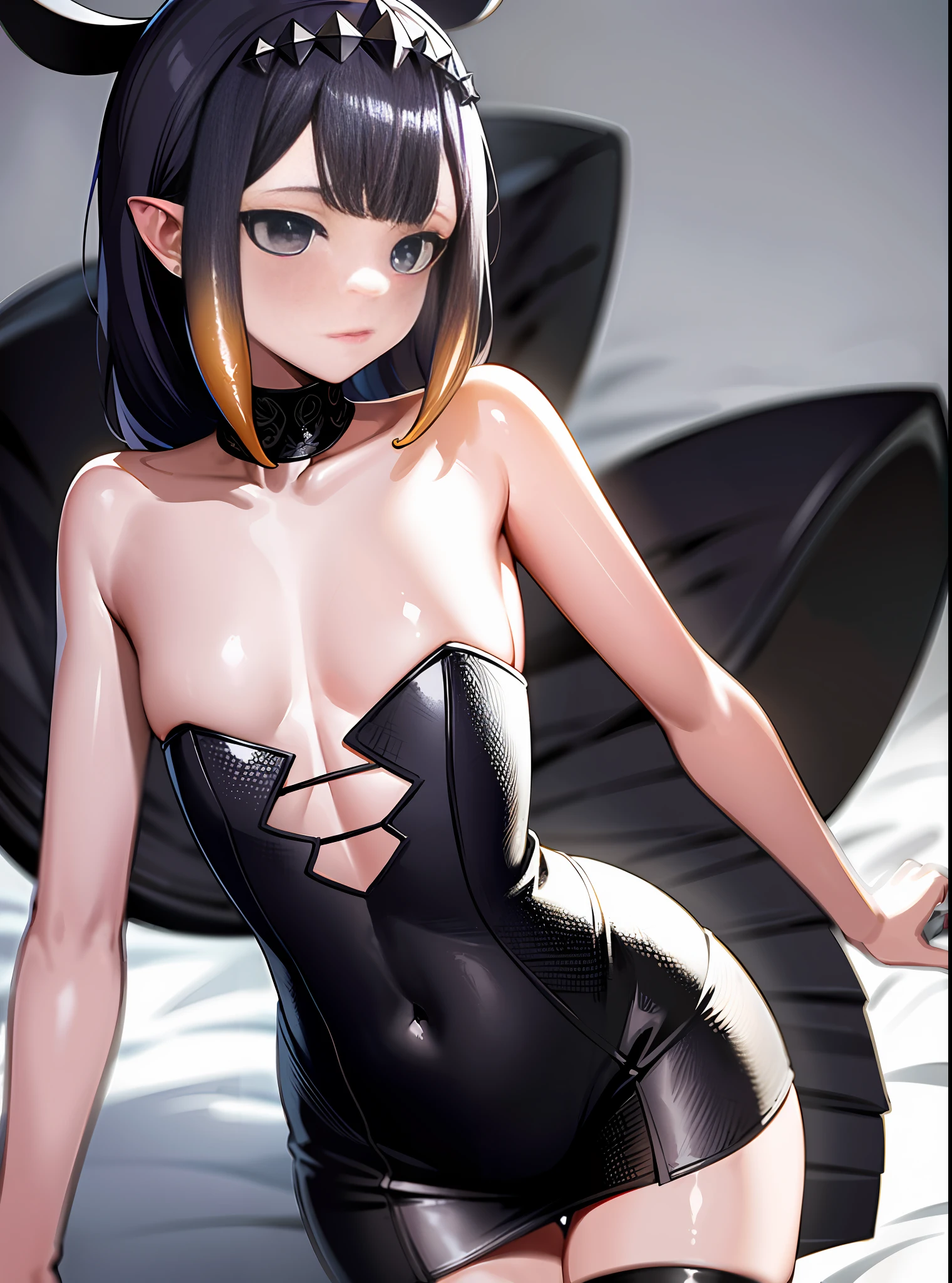 (masterpiece:1.3), (absurdres:1.3), (best quality:1.3), (8K), (large masterpiece digital art), (detailed manga illustration), (handled hair), pureerosface_v1, perfect anatomy, (intricate details:1.3), (ultra-detailed:1.3), (illustration:1.3), (sharp focus:1.3), (natural lighting:1.05), (vivid colors:1.3), ninoma ina'nis, (flat chest), tentacle hair, black thighhighs, black elbow gloves, diamond hairband, black highleg leotard, strapless dress, strapless, back focus, from behind
