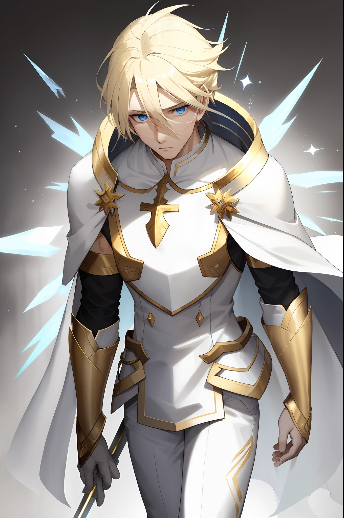 Realistic artwork, male 1, blond hair, light blue eyes, pointed nose, fair skin, parted hair with strands falling across his forehead, cool expression, medium build, white shape, white pants, gold accessories on uniform , obsidian-colored cape, black boots, a spear with religious symbols on his left arm, luminescent eyes, scar on his neck