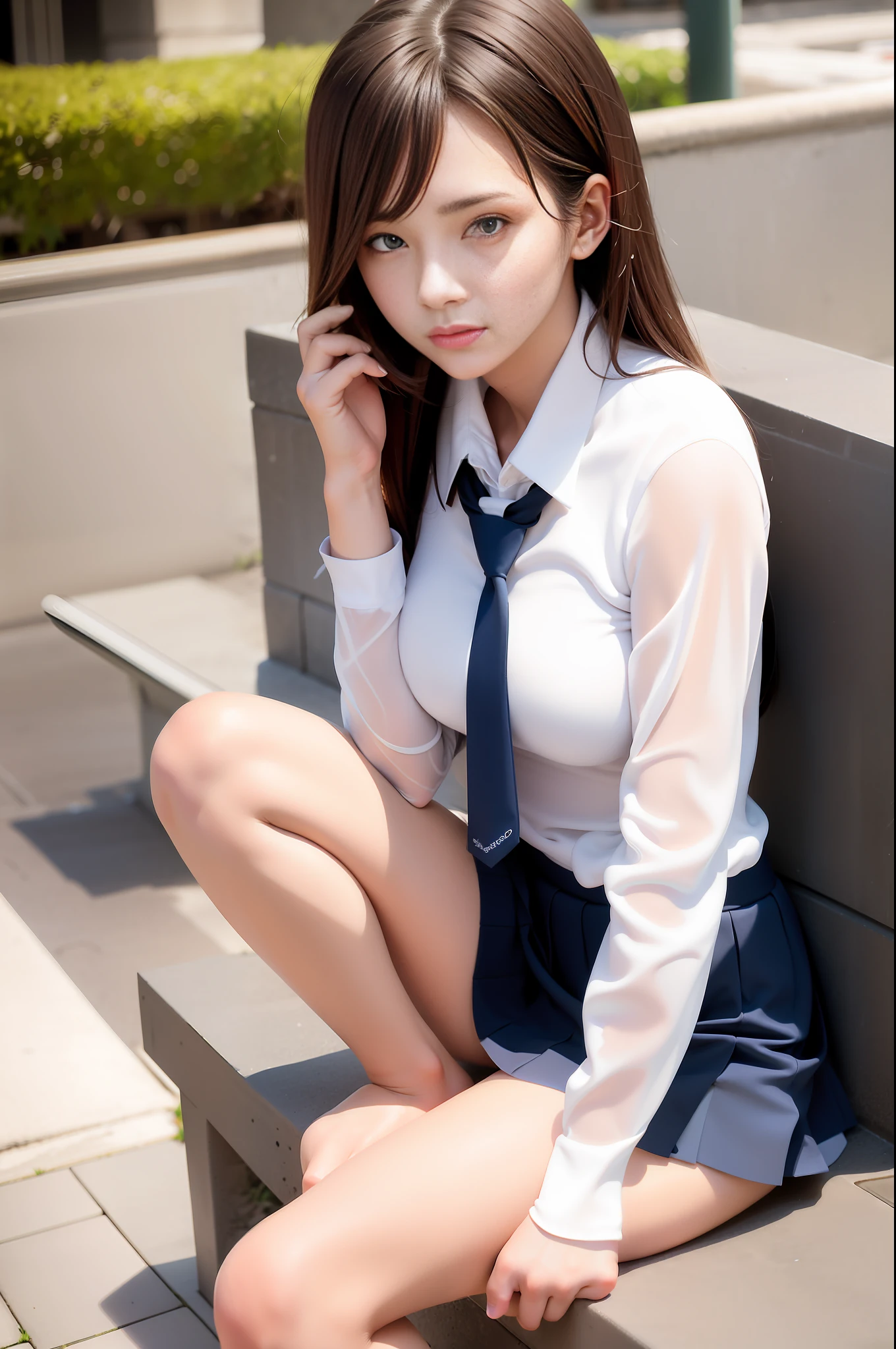 Top Quality, Masterpiece, (Reality: 1.2), 1 Girl, 18 years old, Brown Hair, Brown Eyes, Front View, low angle camera,Detailed Face, Beautiful Eyes, medium breast, school uniform,full body, sitting on the bench, , , open crotch, nice thigh, nice legs, white skin, glowing thigh, glowing legs,nice skin,detailed skin, barefoot