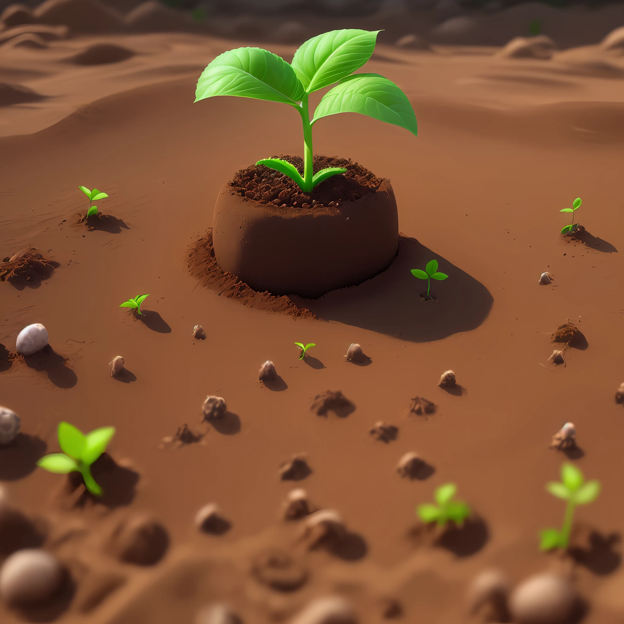 A green seed growing out of the soil, it has just sprouted and is growing strong without any vegetation next to it to appear strong