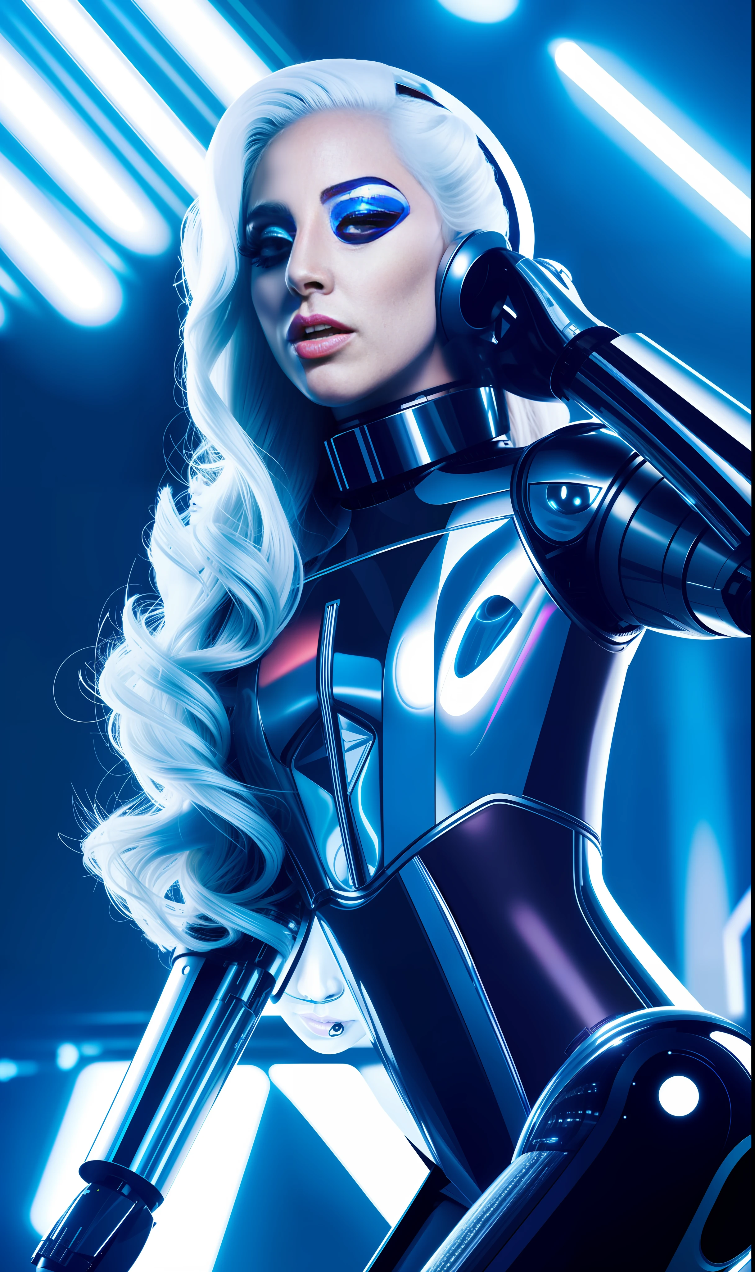Photo of lady gaga as a robot, 4K texture, long hair, futuristic outfit, high quality