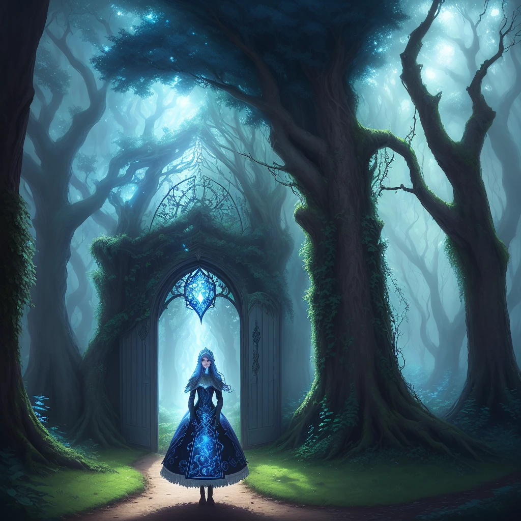 Tree magical overgrown ruins, folkloric gates, mysetrious etherial mesmerizing eyes, extremely intricate, fantasy twilight lighting, blue tones, elegant, detaild, intrincate, illustration, digital art.