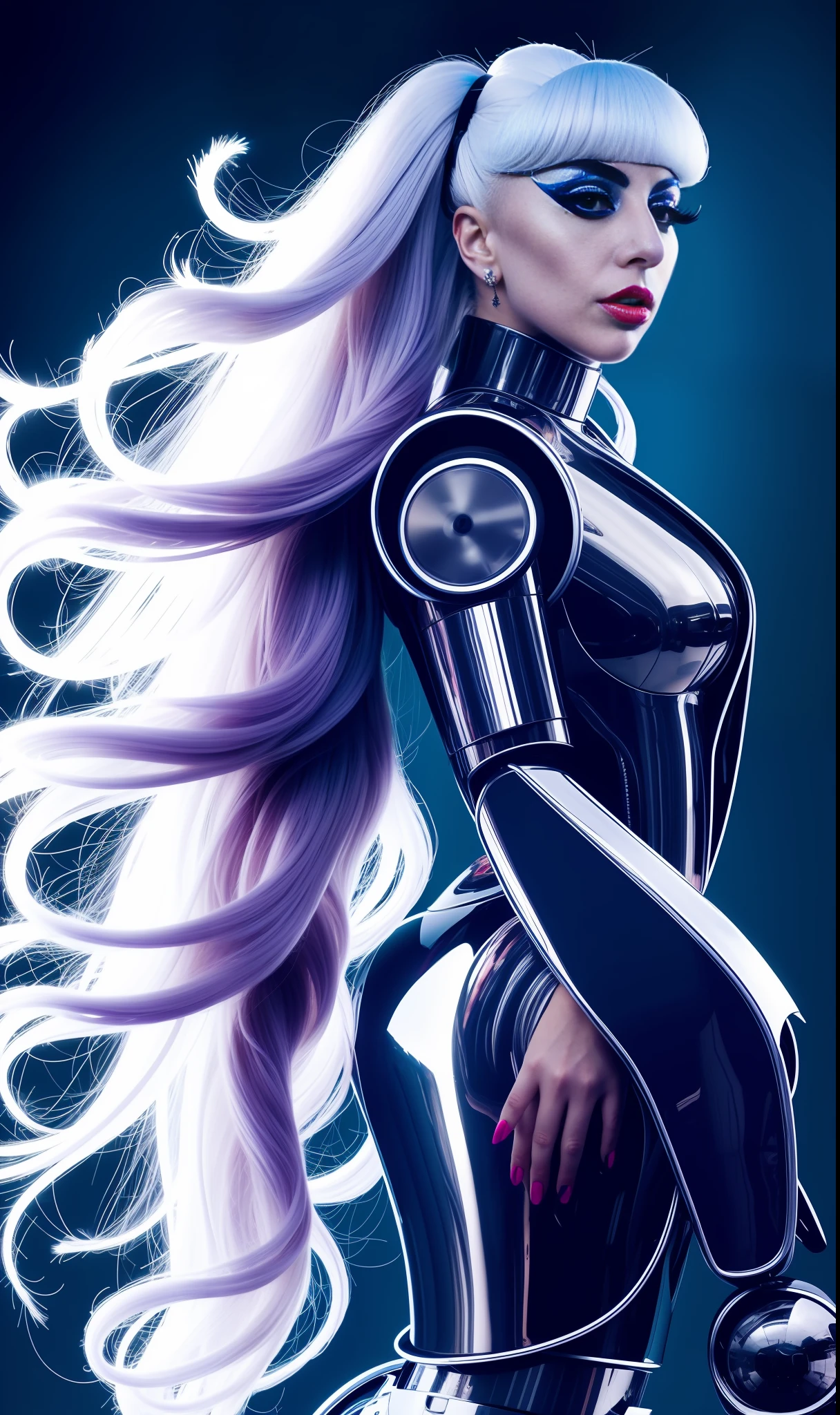 Photo of lady gaga as a robot, 4K texture, long hair, fashionista dress, high quality, extravagant hairstyle