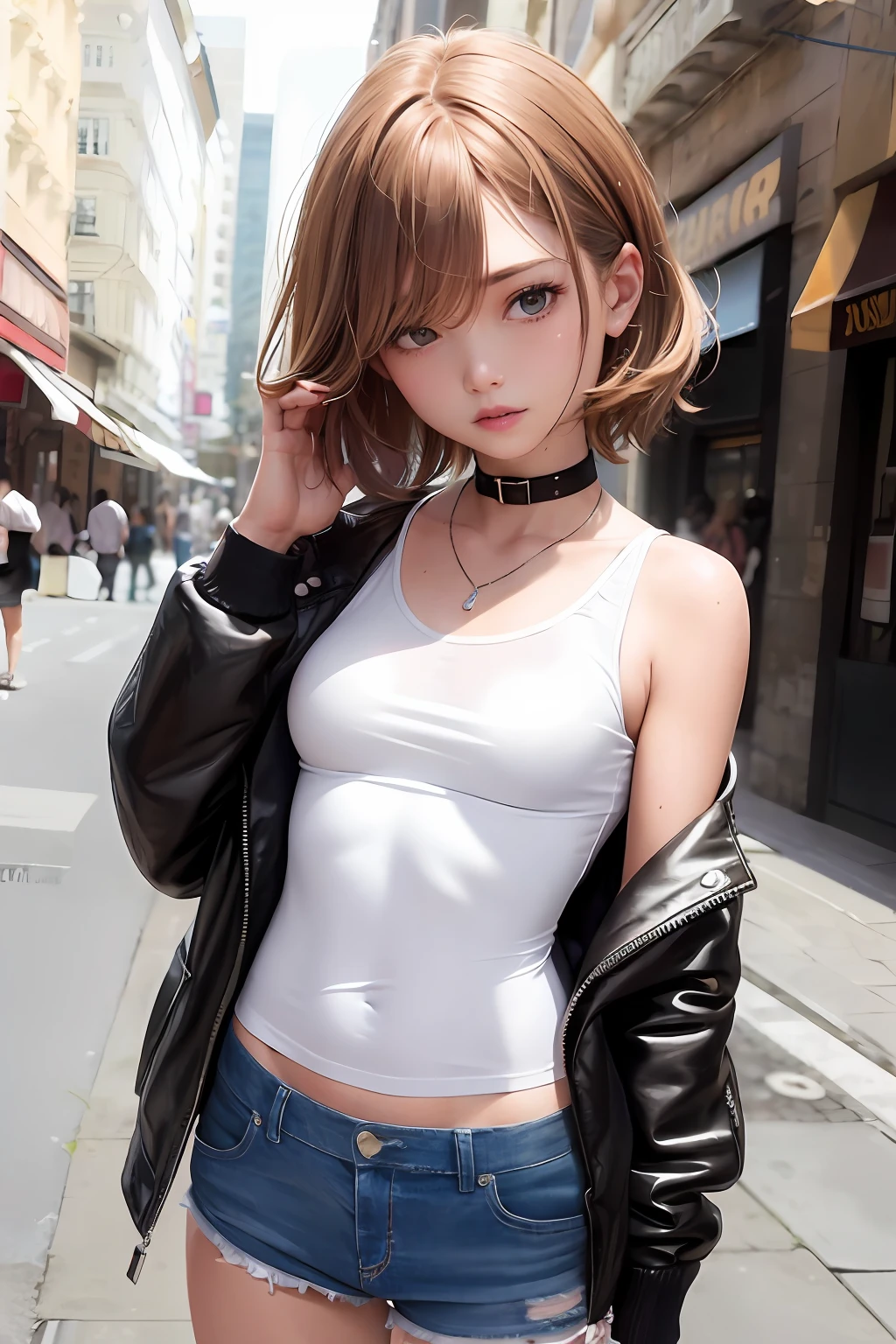 ((medium breast, tomboy girl, small head)), daylight, sunlight, (perfect body : 1.1), (young), (short wavy hair:1.2), choker, full body shot, crowded street, wearing a loosely worn crop tank top, ((miniskirt)), (extremely detailed CG 8k wallpaper), (an extremely delicate and beautiful), (masterpiece), (best quality:1.0), (ultra highres:1.0),  beautiful lighting ,perfect lightning,pulling skirt, realistic shadows, [highres], detailed skin, ultra-detailed, nipple slip, boo slip, spread thigh, one leg up, squatting, black thighhigh, red high heels, no earring, thighs, (((colorful))), (beautiful short ponytail), [crowded background], fine collarbone, soft navel, soft midriff, soft back, angle from below