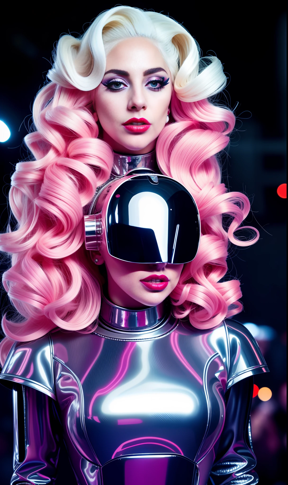 Photo of lady gaga as a robot, 4K texture, long hair, fashionista dress, high quality, extravagant hairstyle