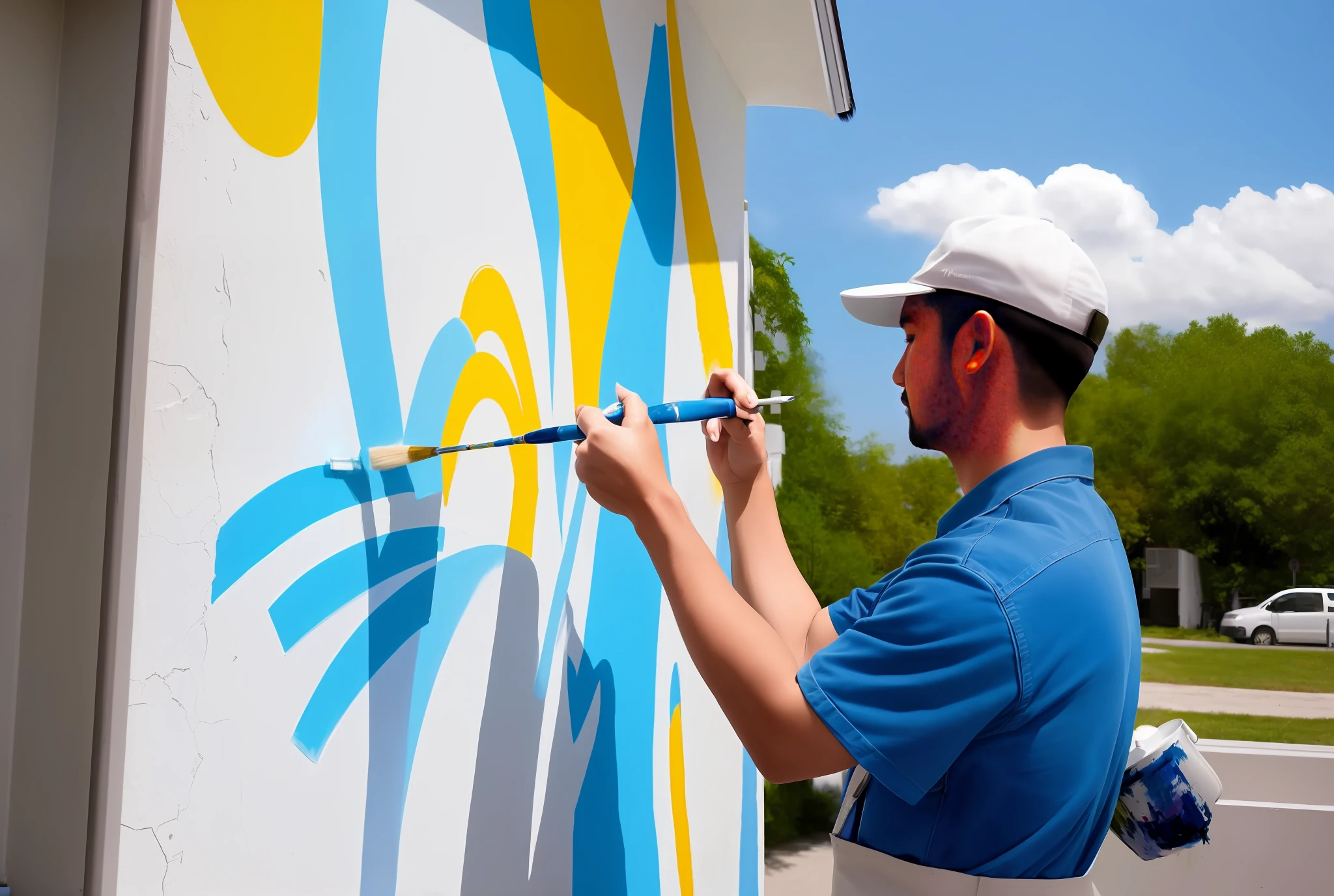 A man painting a wall with a brush, painting, photography, masterpiece, highest quality, soft light, daytime, outdoors,