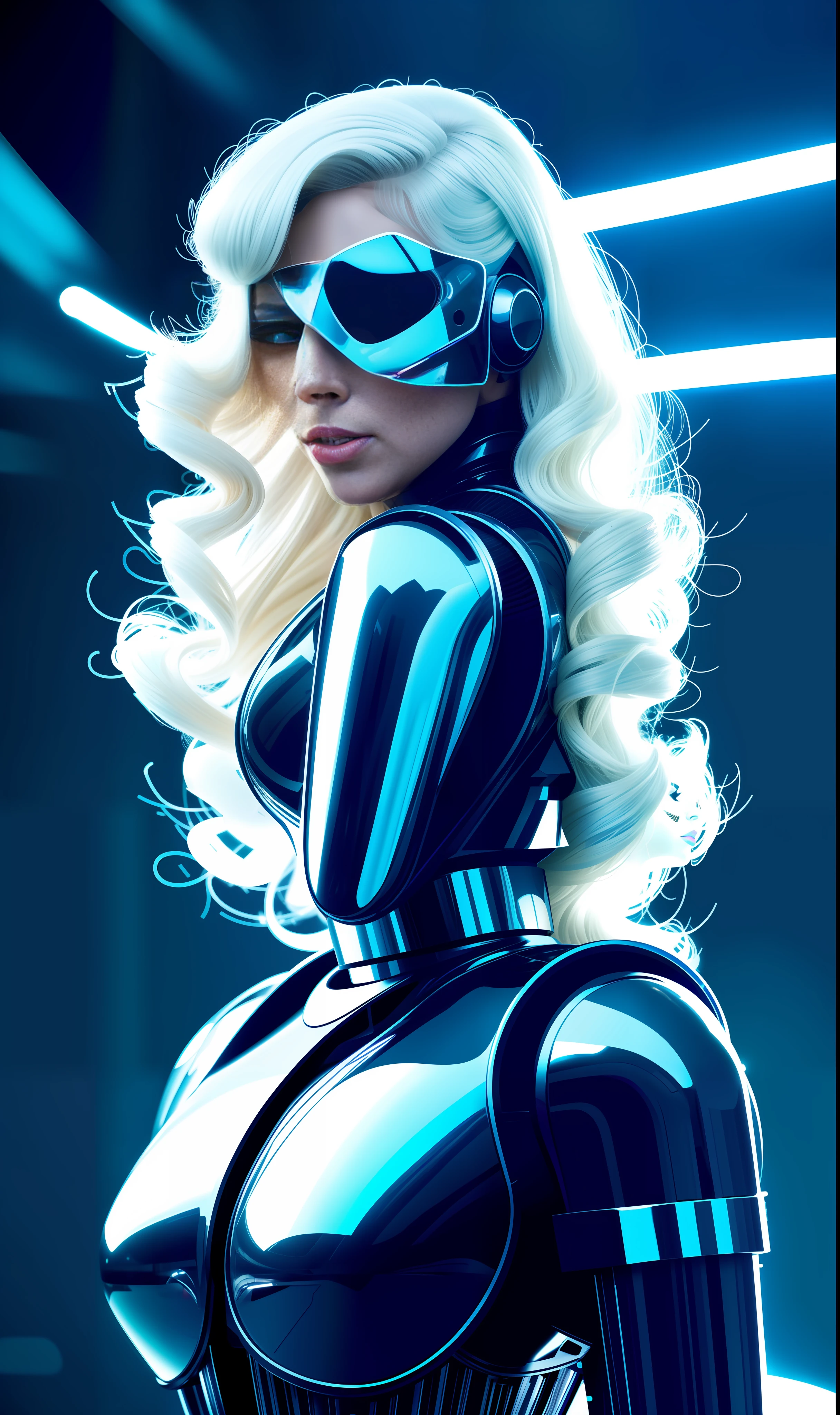 Photo of lady gaga as a robot, 4K texture, long hair, futuristic dress, high quality