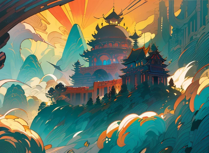(wide shot:1.3),(panorama:1.3),(ornate patterns, rich colors, intricate details,  surreal atmosphere,Ancient,Immortal ,otherworldly visuals:1.5),[:(cel shading, (bold outlines:1.2), flat colors, sharp shadows, graphic style, manga influence, clean linework, striking visuals:1.6):15],BREAK (wide shot:1.3),(panorama:1.3),Maximalism,masterpiece,best quality,desolate mountain,Floating mountain,floating island,Chinese ancient architecture,