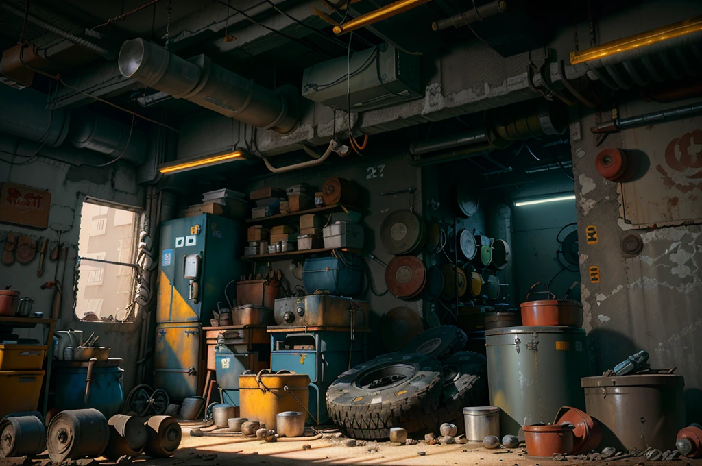 An auto repair space, a repairman, tires on the ground, maintenance equipment on the wall, and lights on the top, realistic, high-end texture, protruding characters, night atmosphere, realistic effects, high-definition details,
