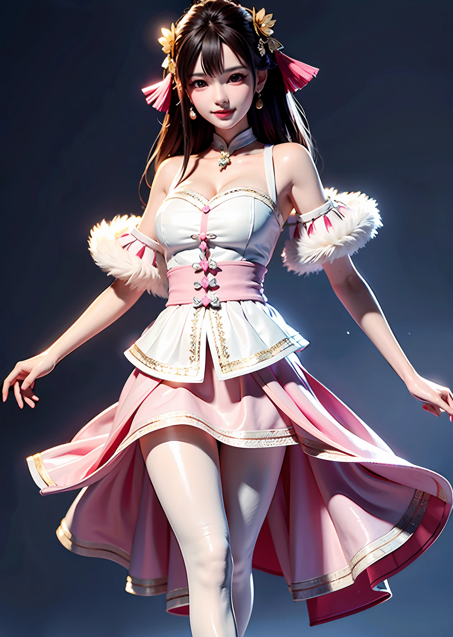 A gentle and charming Chinese stunning beauty model, delicate and charming oval face, double eyelids, pink thin lips, attractive collarbone, square chin, smiling, happy, shoulder-length long hair, ultra-realistic, ultra-high-definition, very detailed, real skin , perfect figure, charming figure, the light brown fringed skirt itself is full of Posey style, with white knitting and white shoes, it adds a more casual and fashionable sense.