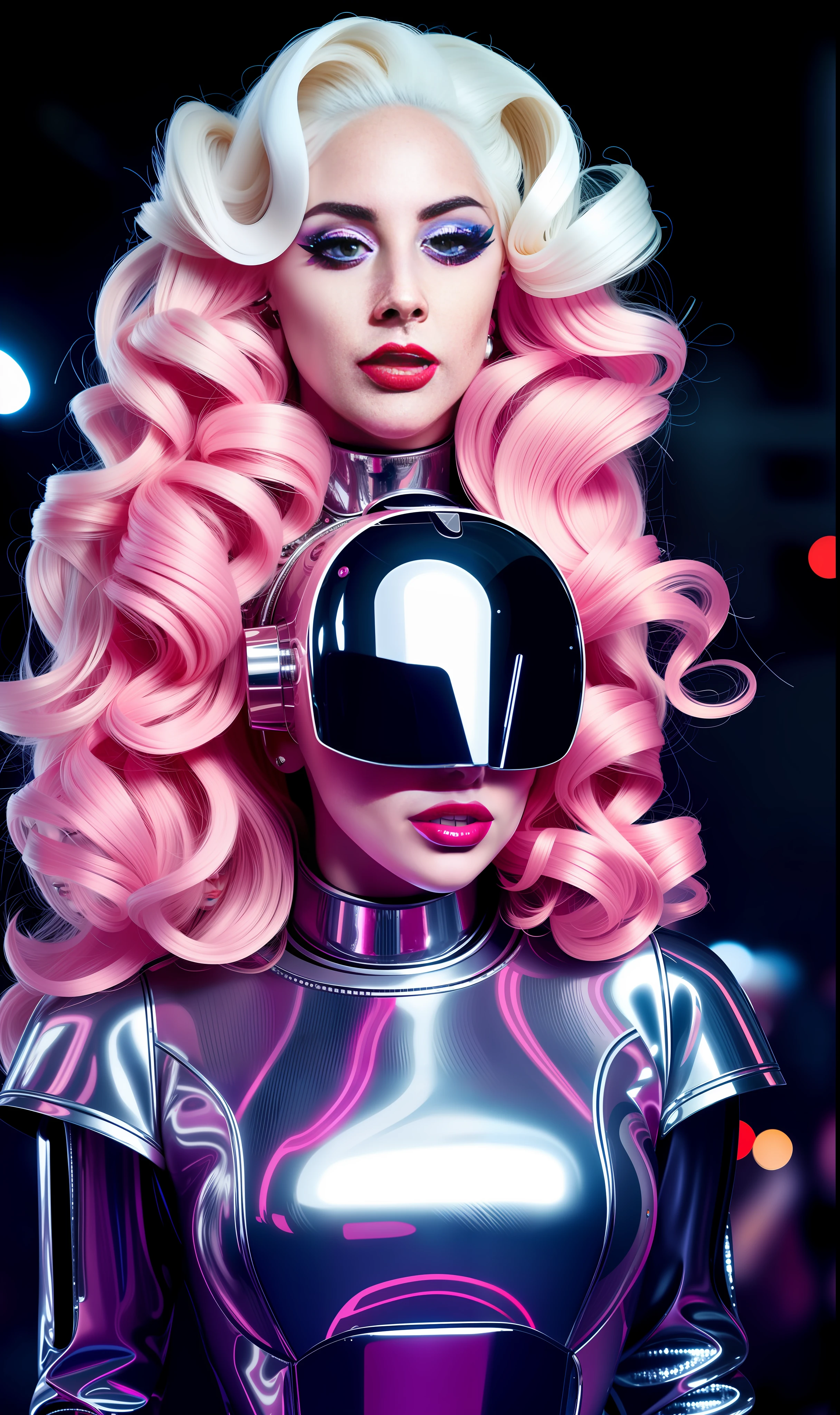 Photo of lady gaga as a robot, 4K texture, long hair, fashionista dress, high quality, extravagant hairstyle