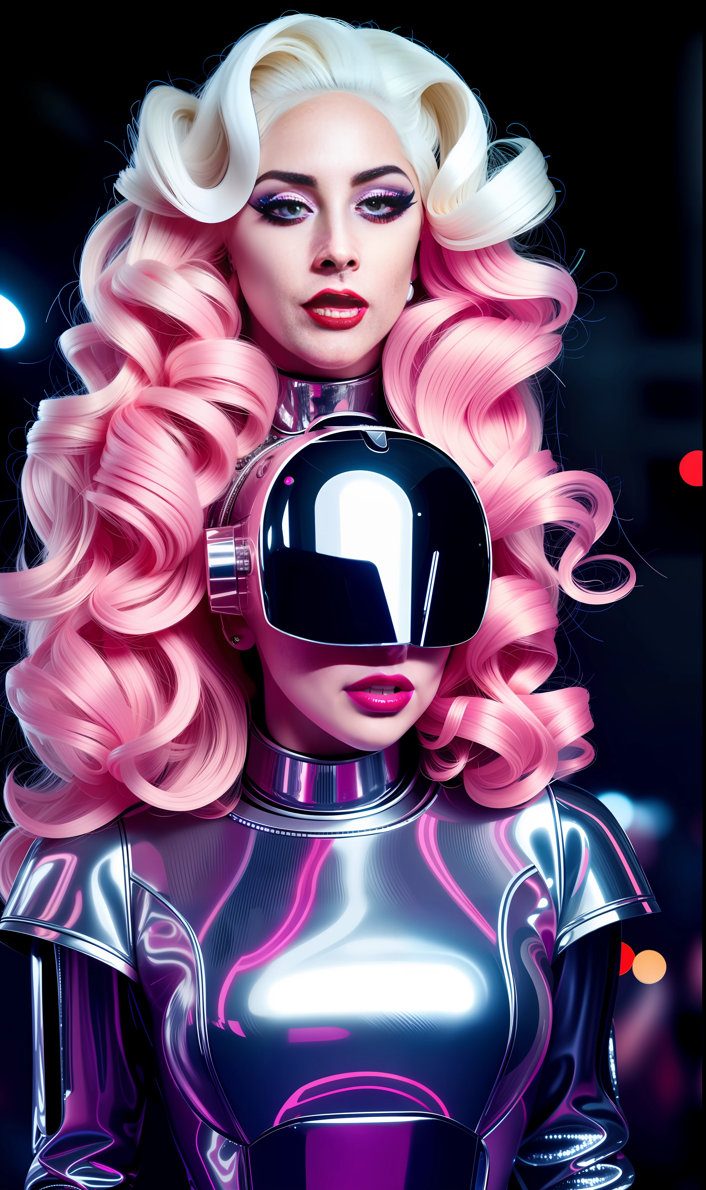 Photo of lady gaga as a robot, 4K texture, long hair, fashionista dress, high quality, extravagant hairstyle