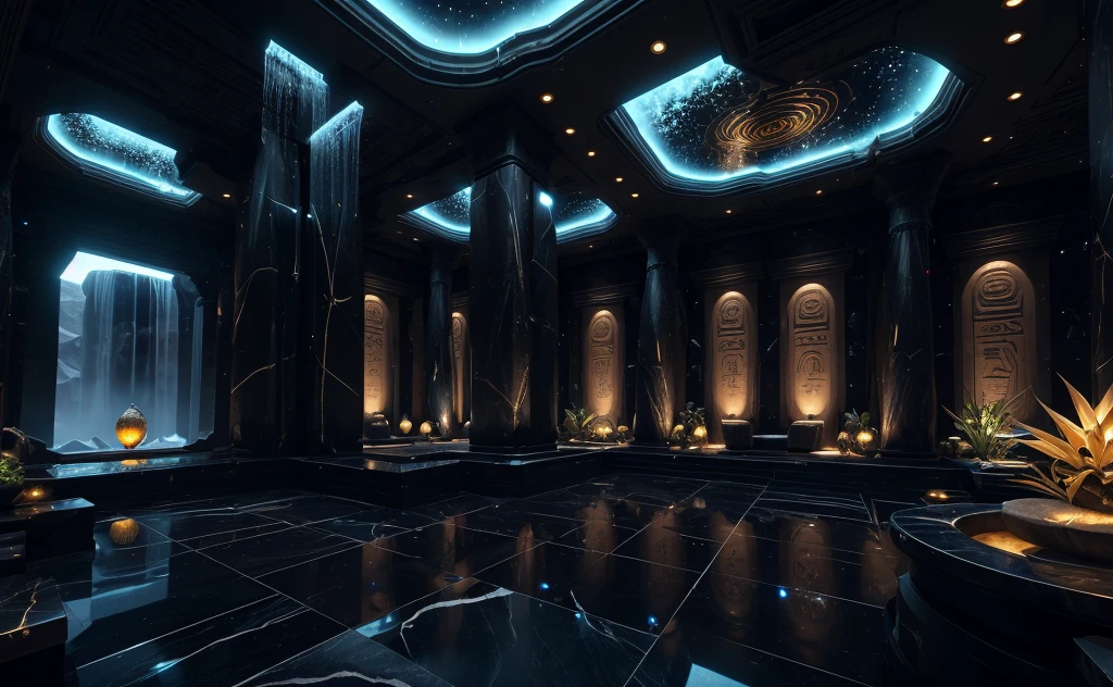 incredible black luxurious futuristic interior in Ancient Egyptian style with many lush plants (lotus flowers:1.5, palm trees:2, rocky walls, sand:1.5, waterfalls:1.2) marble, precious minerals: 2, metals, gemstones, crystals, clouds and water, crocodiles, hieroglyphics: 1.5, ultra luxury:2, black marble – with beautiful lights:1.5, Unreal Engine, HQ, 16k